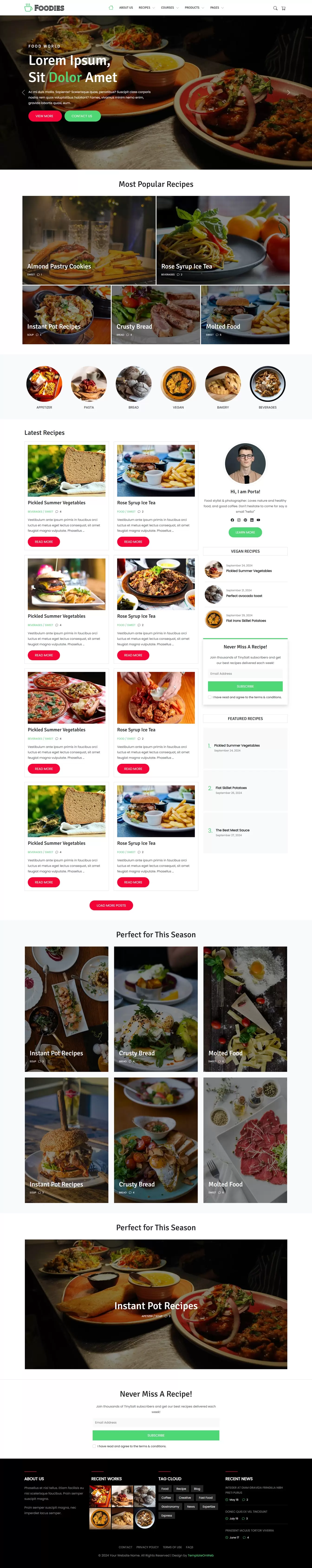 Recipe blog website template home page layout