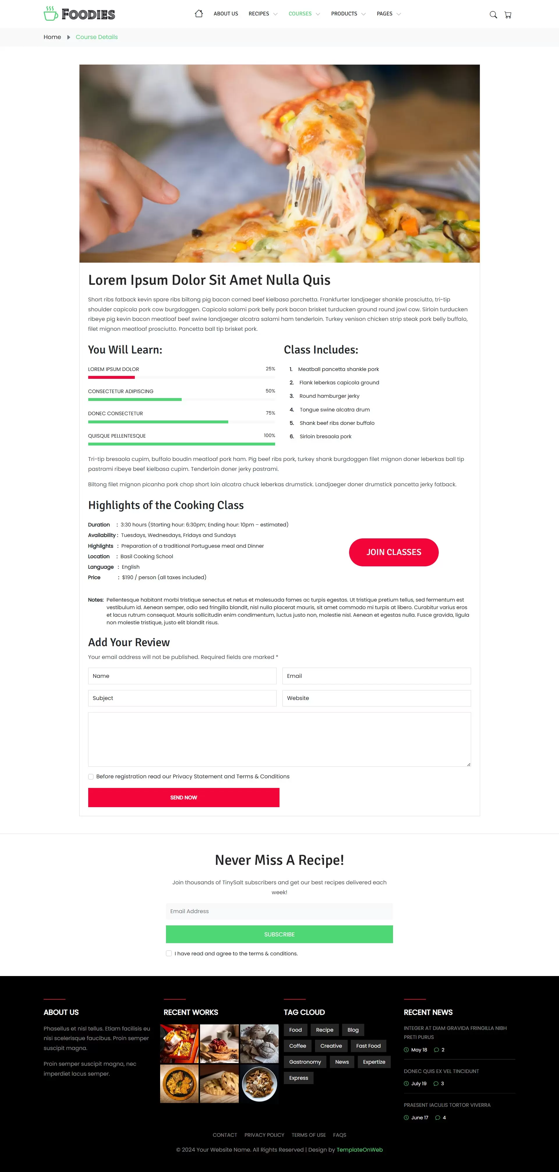 Provides details about each class, including schedule, instructor bio, price, duration