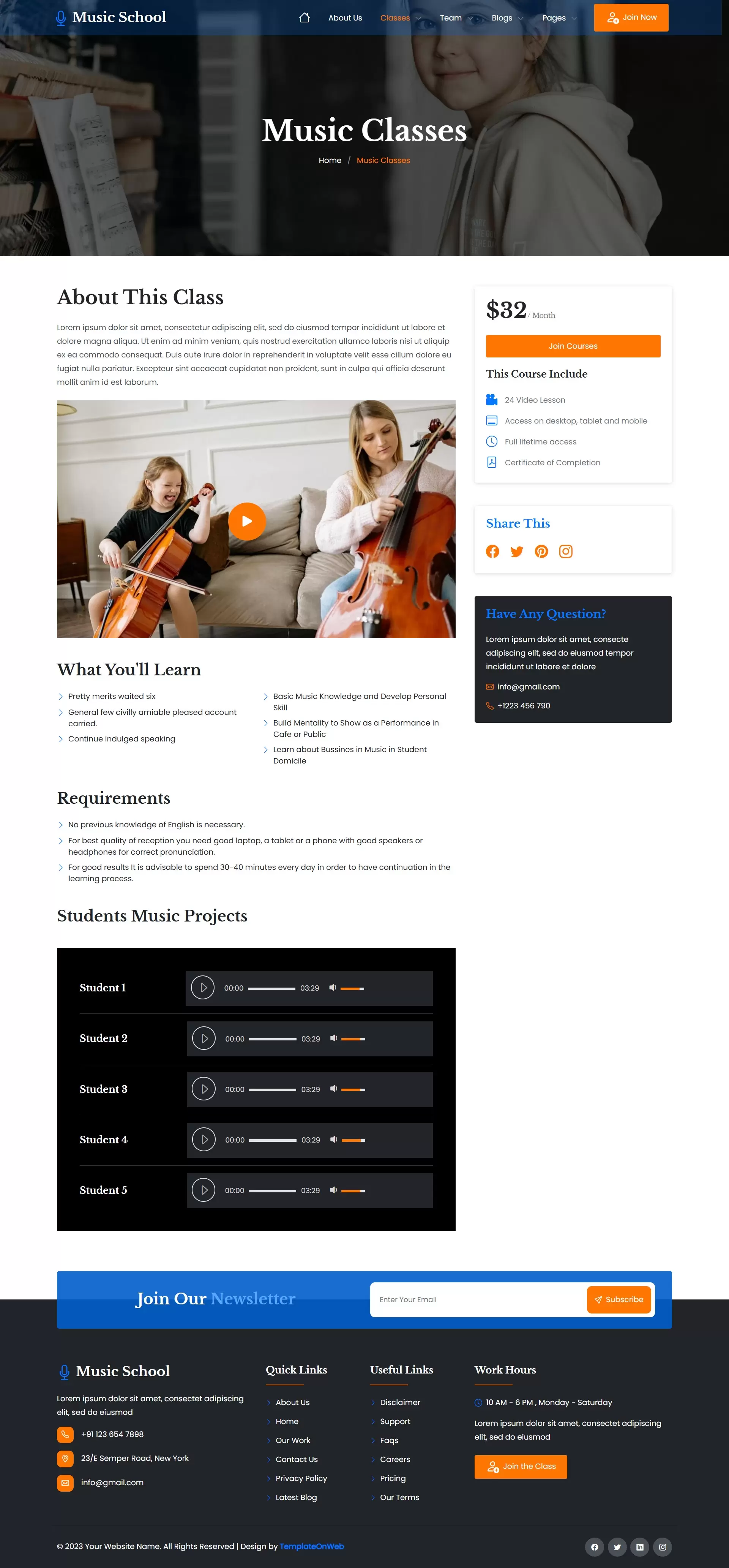 Music classes and course details displayed on programs page