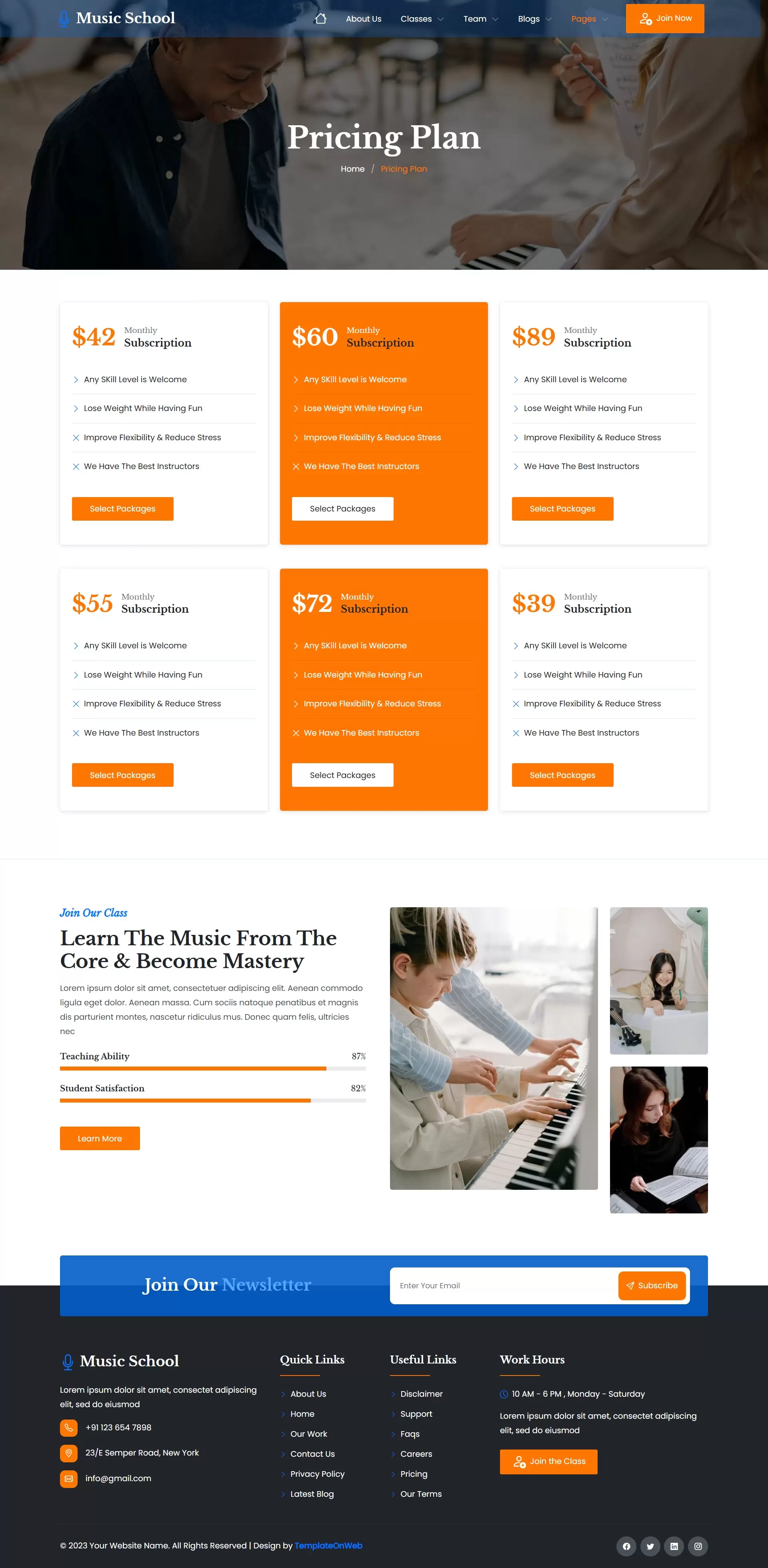 Music school pricing plans for lessons and courses displayed in a responsive layout