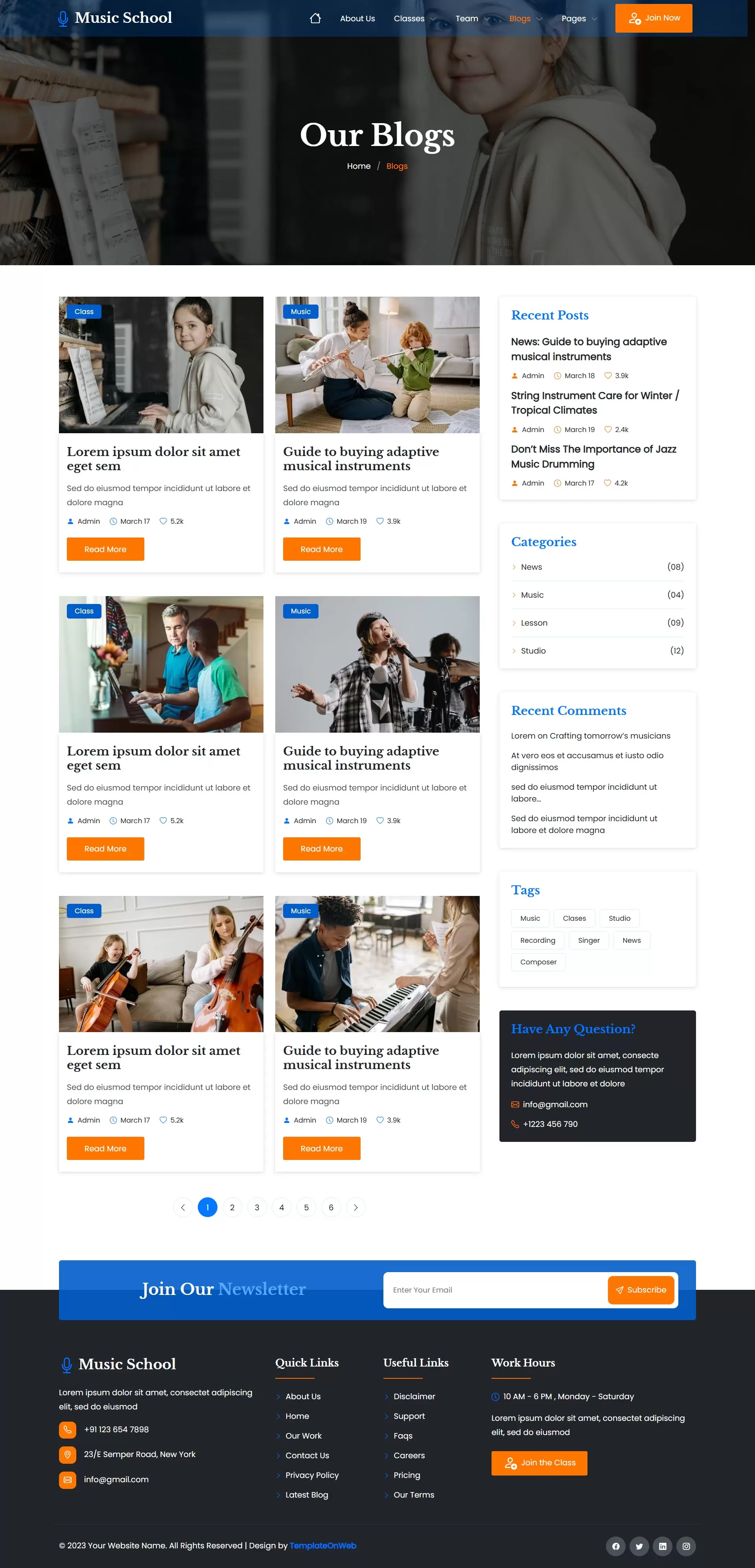 Responsive blog layout showcasing music education tips and news