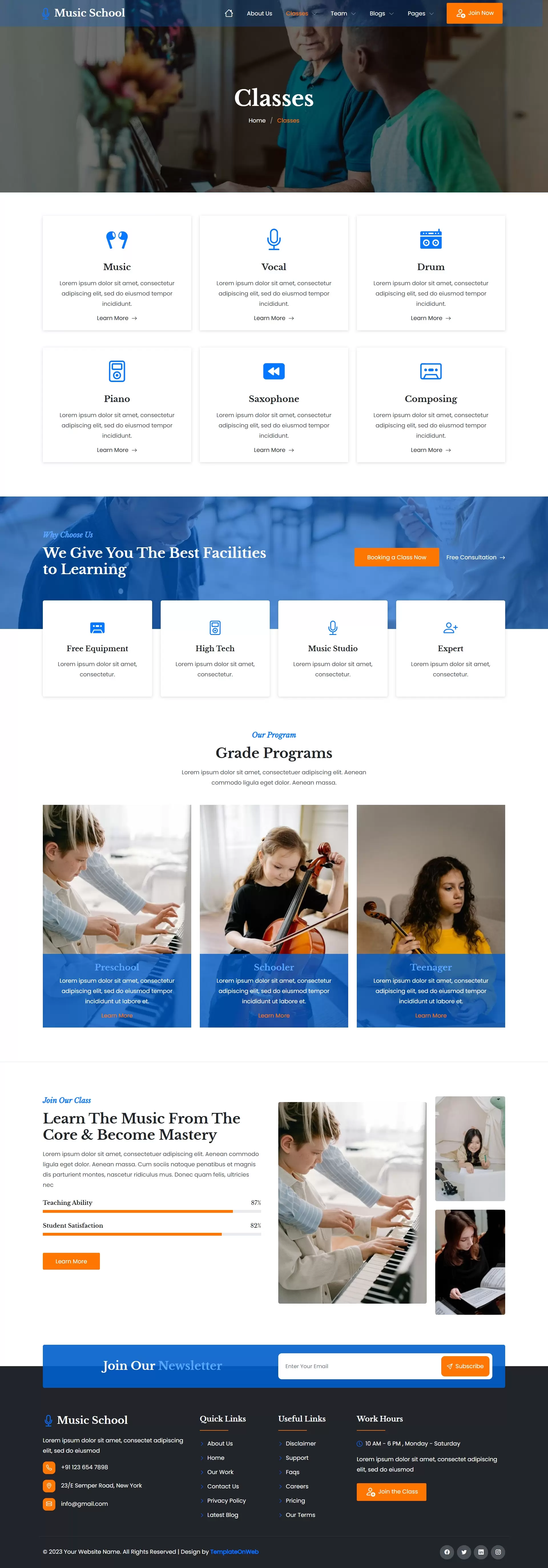 Responsive layout showcasing available music lessons and categories