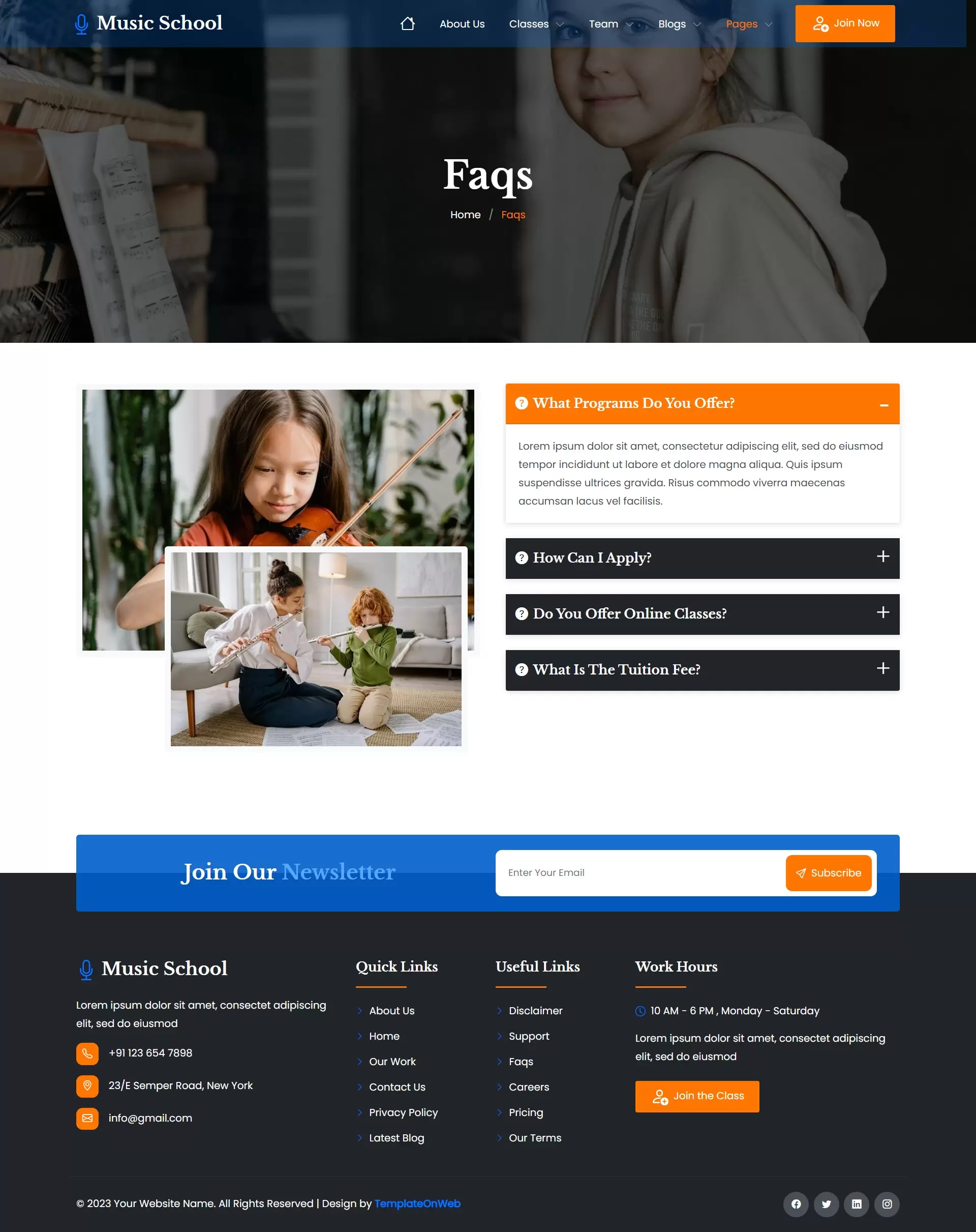 Music school common inquiries page layout with clean design using accordion-style questions and answers