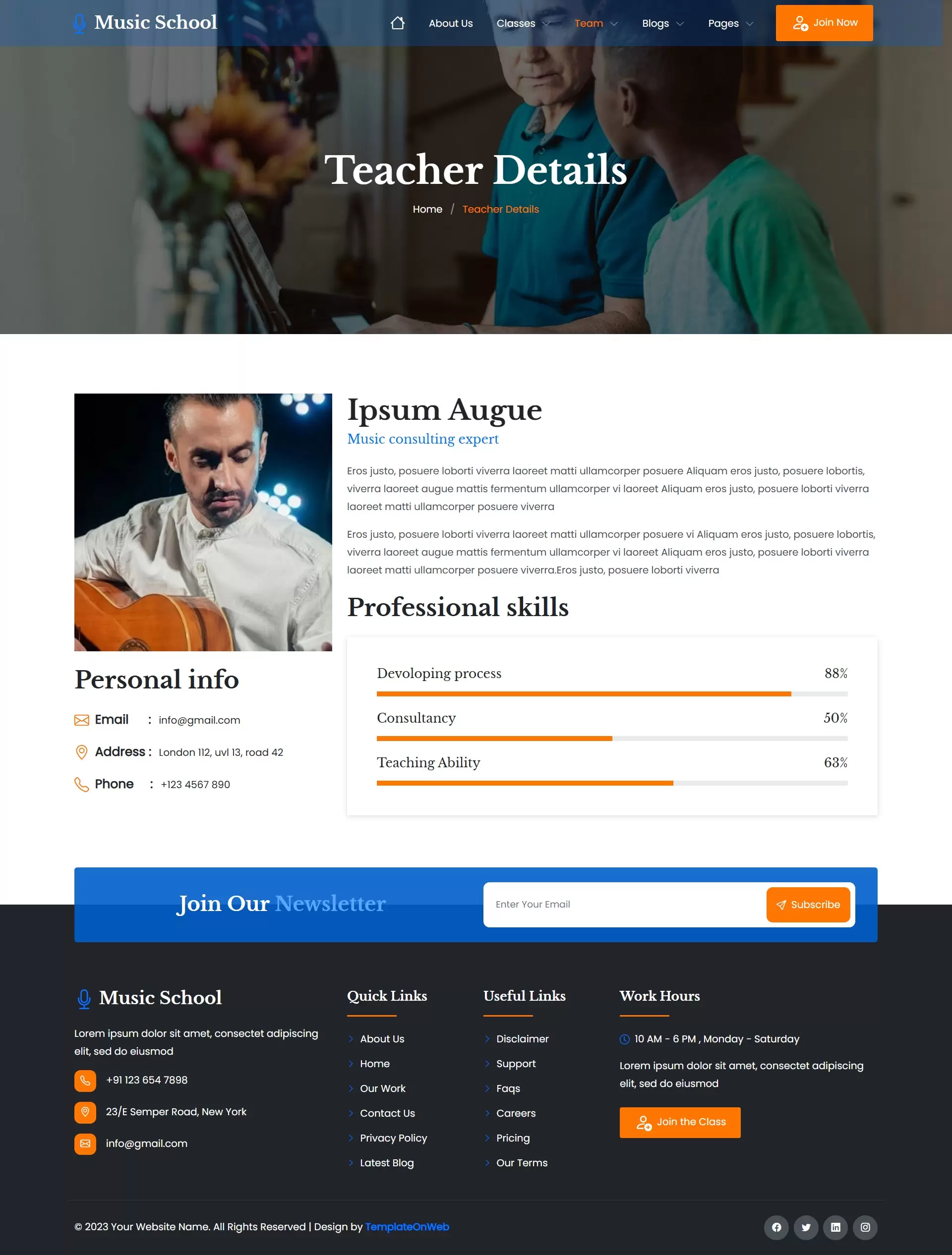 Individual music teacher profile with biography and skills