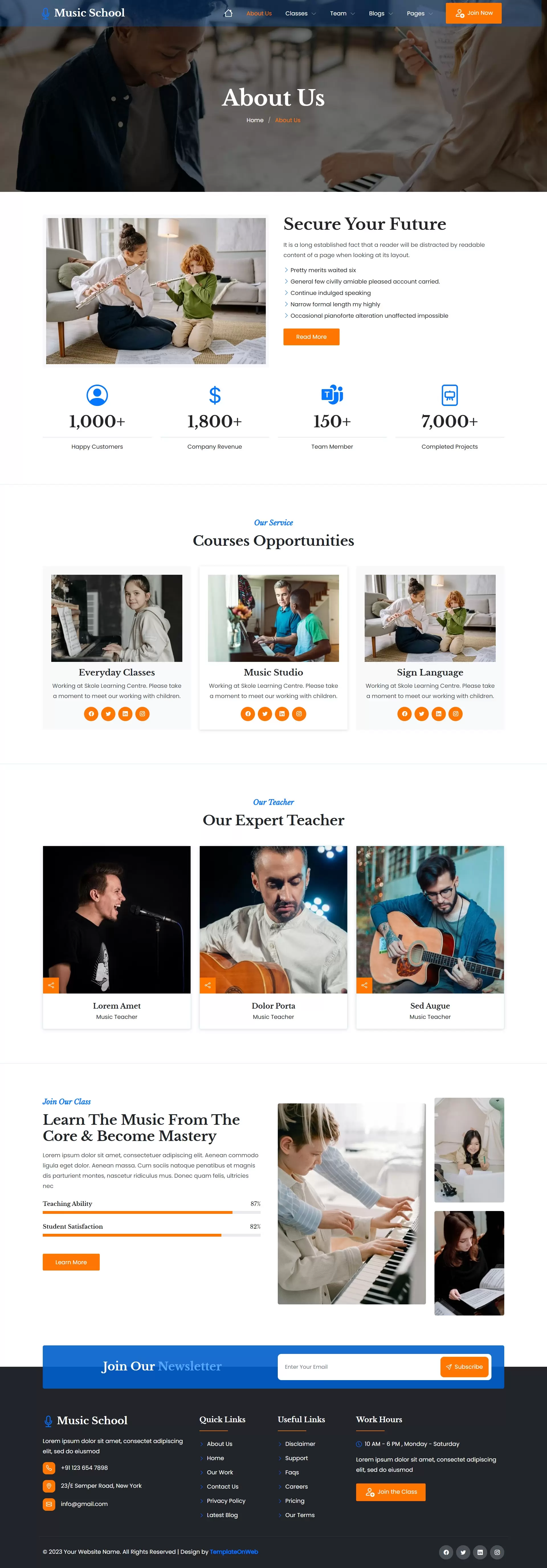 Bootstrap music website template about page with student success stories