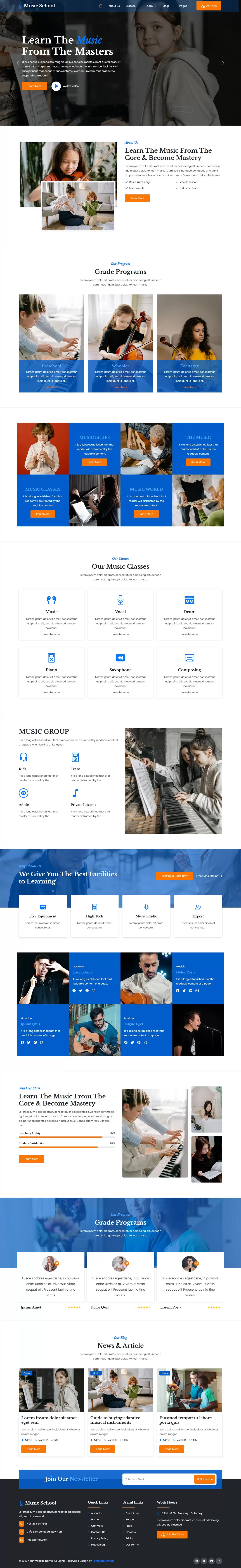 Music school website homepage layout with featured classes and instructors
