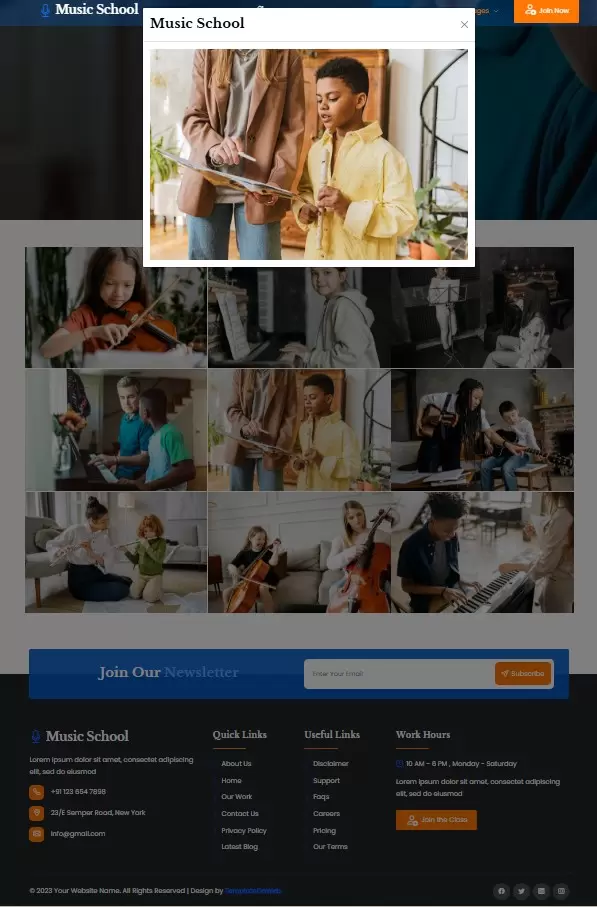 Photo gallery showcasing music school events and performances