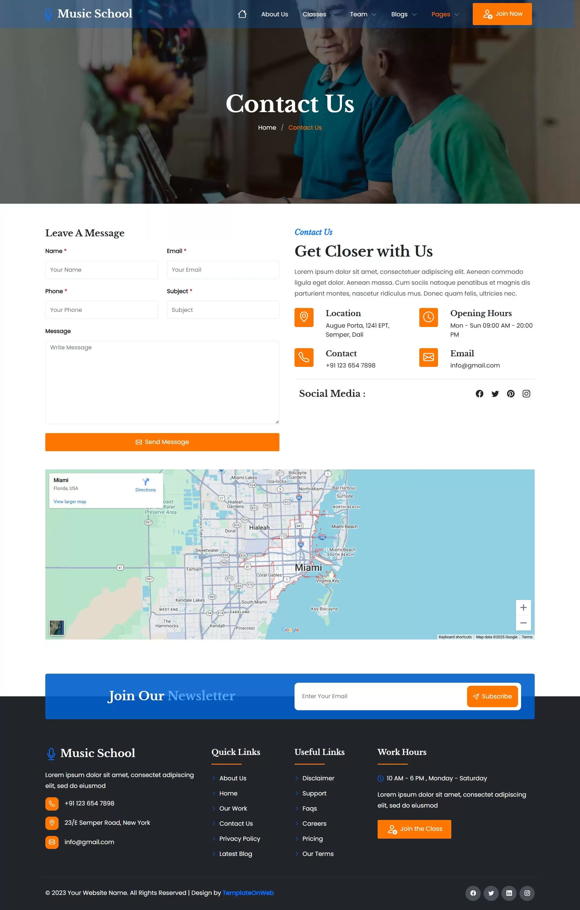 Contact form for student inquiries, location map, and enrollment questions