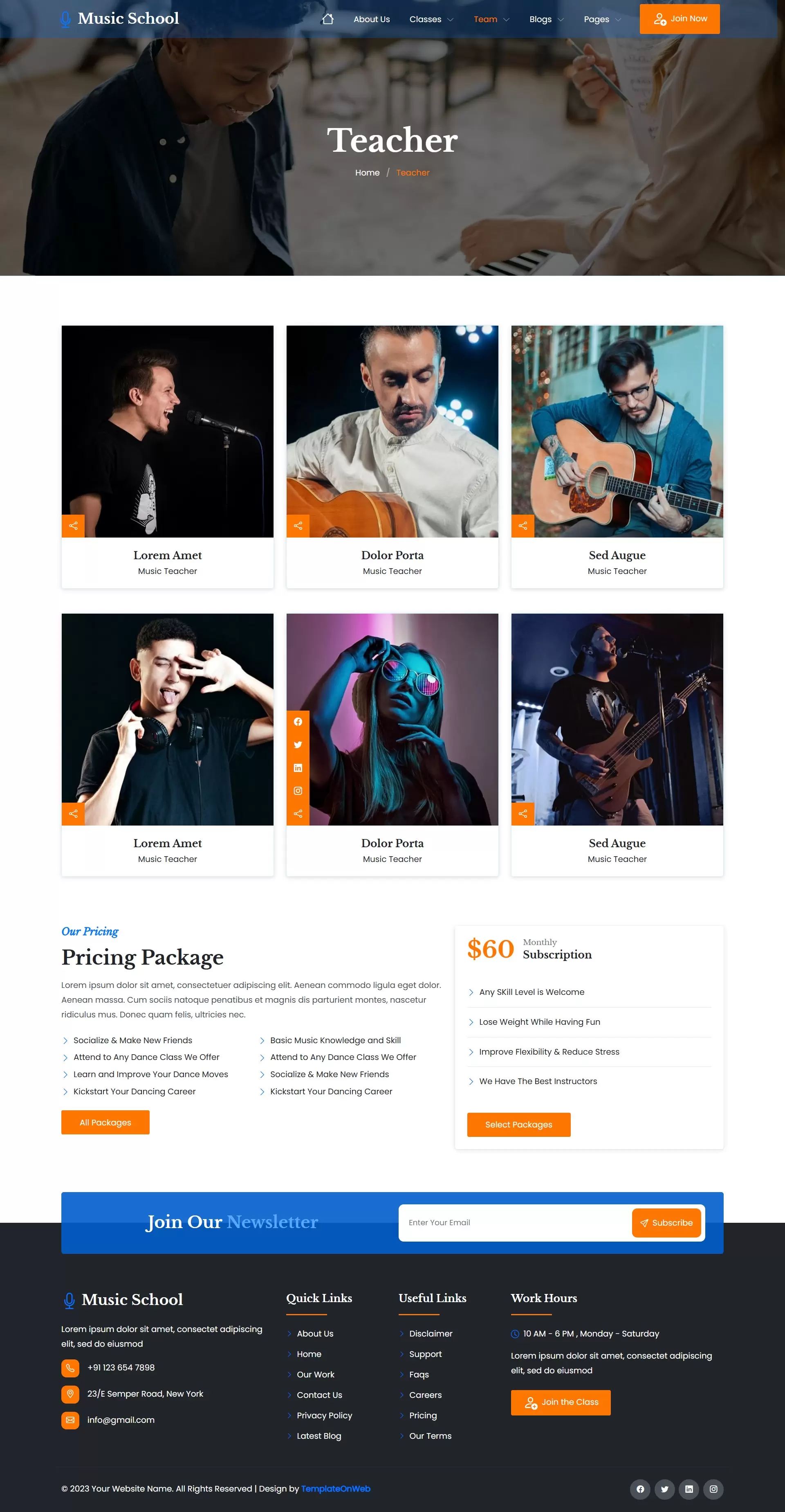 Team members grid layout displaying music teachers and their expertise