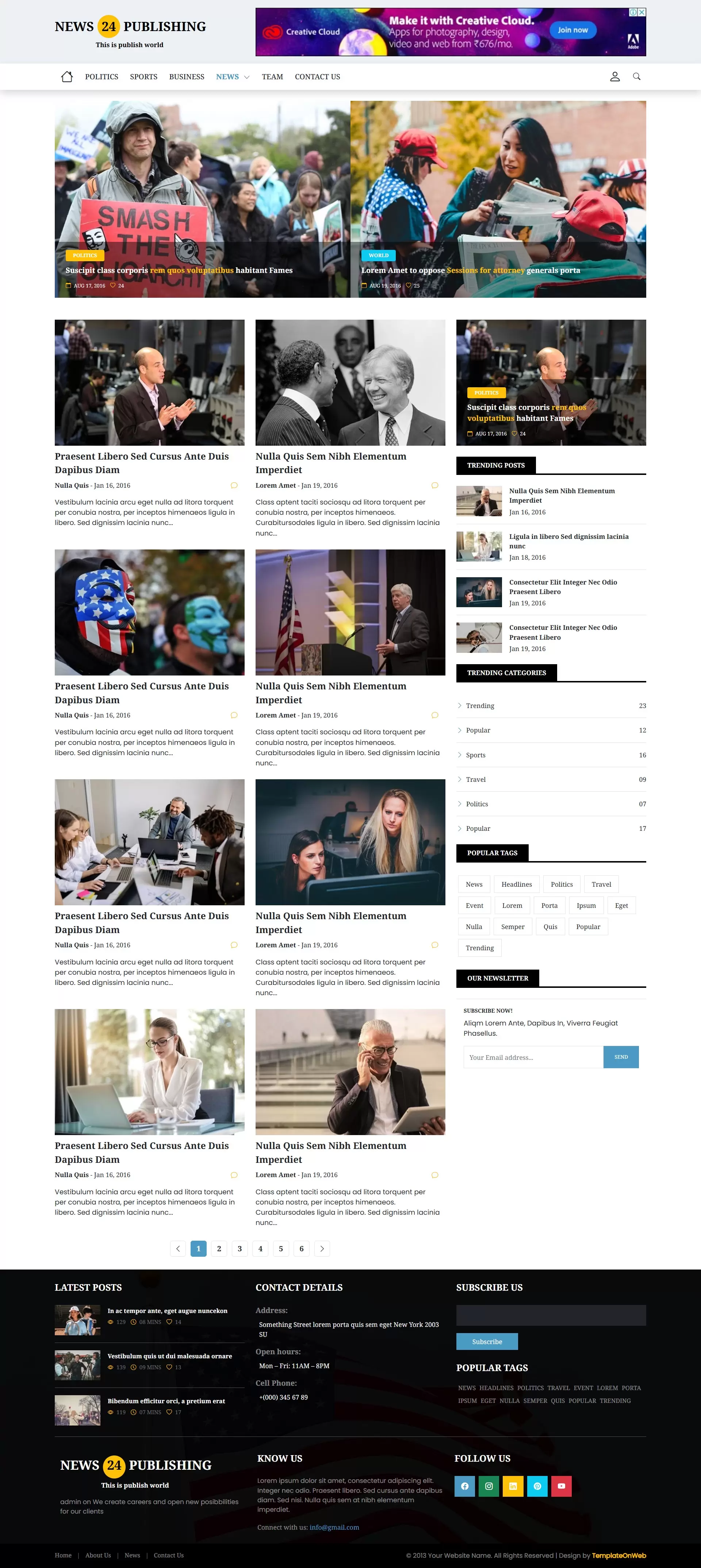 News listing page with headlines, images, and pagination