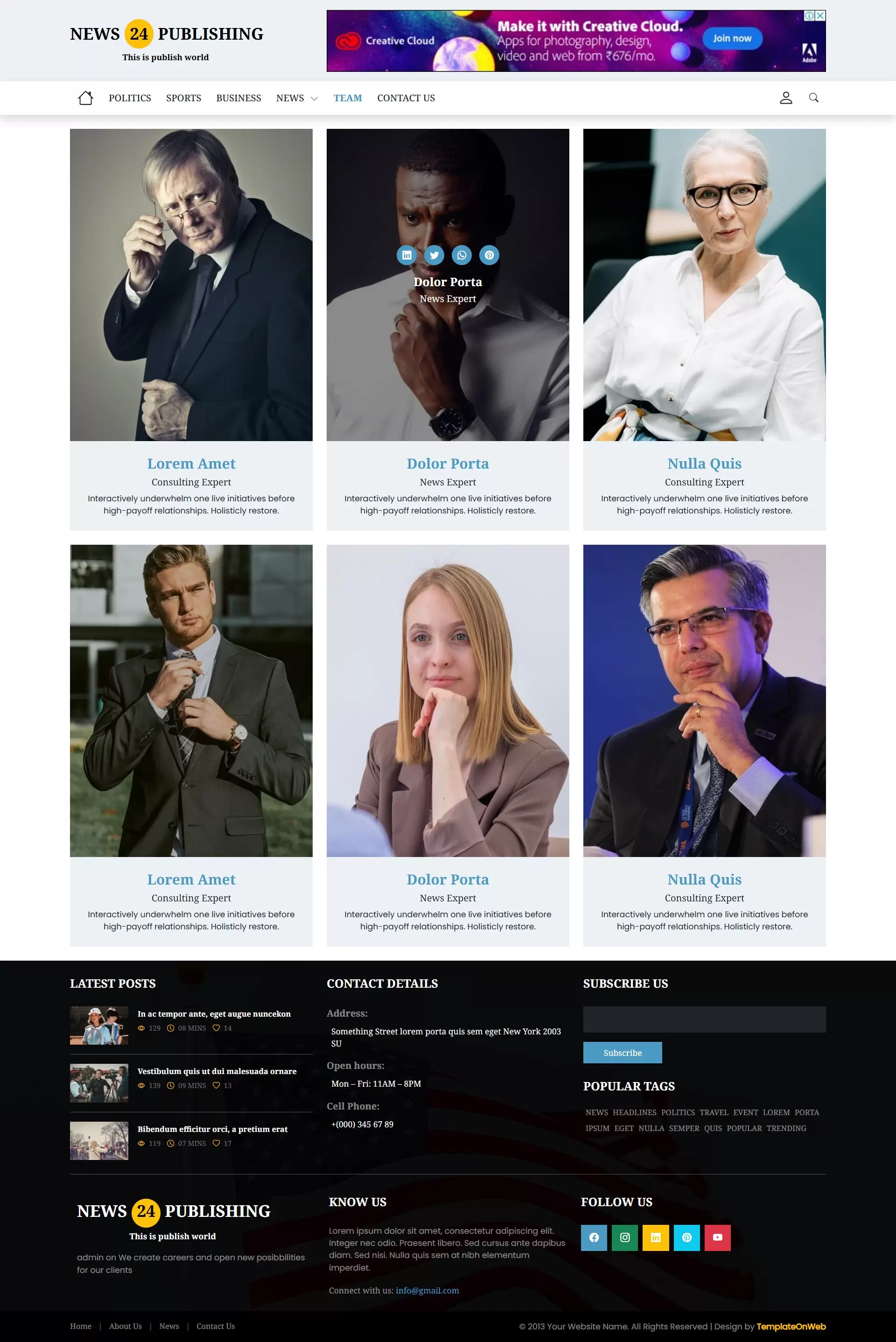 Publication team details with social options