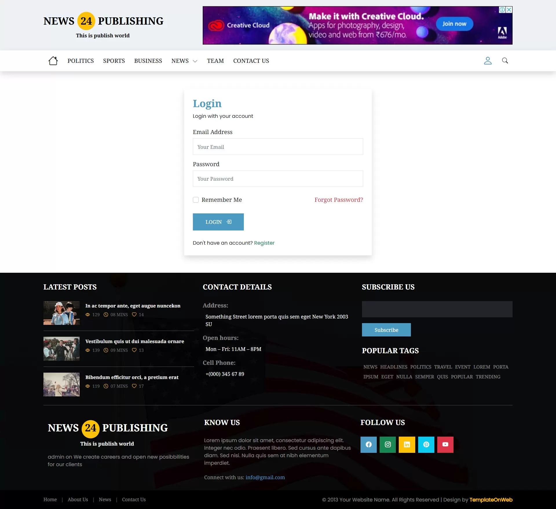 News stories readers login page design