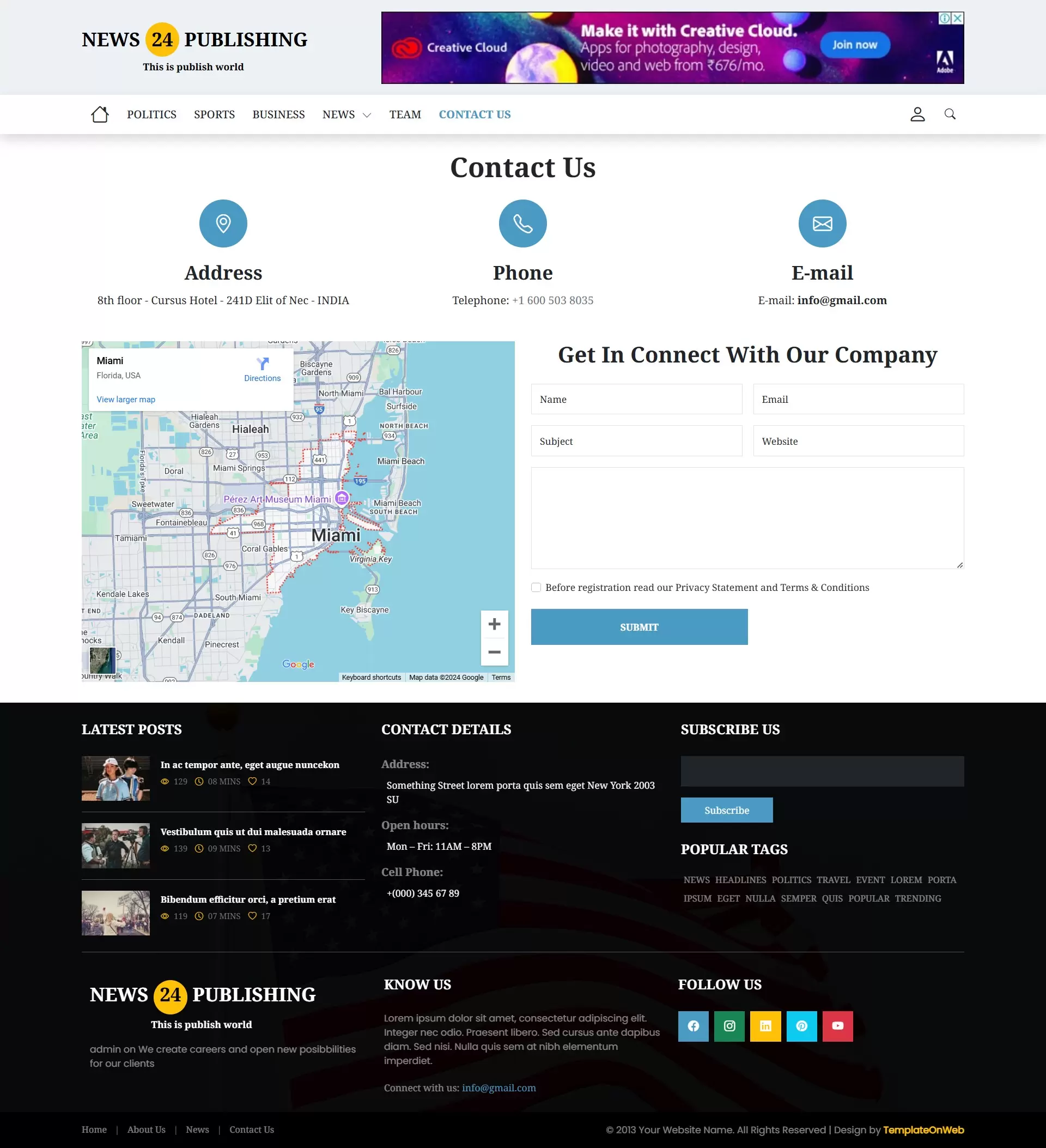 Responsive contact us form with phone, address, email, and location on map