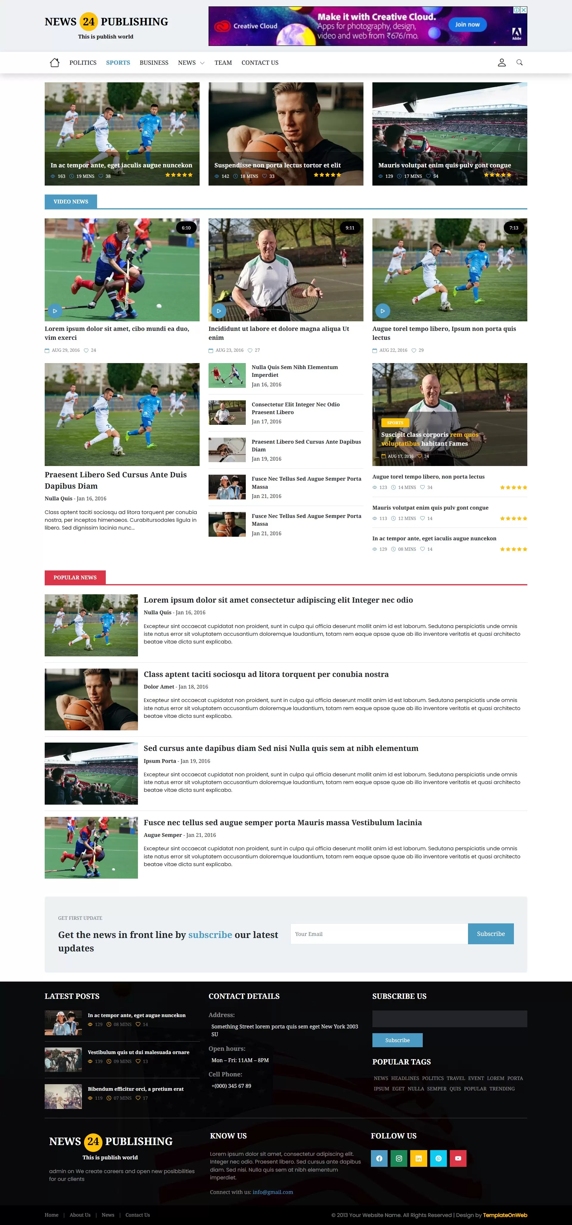 Bootstrap 5 designed sports news publication page layout