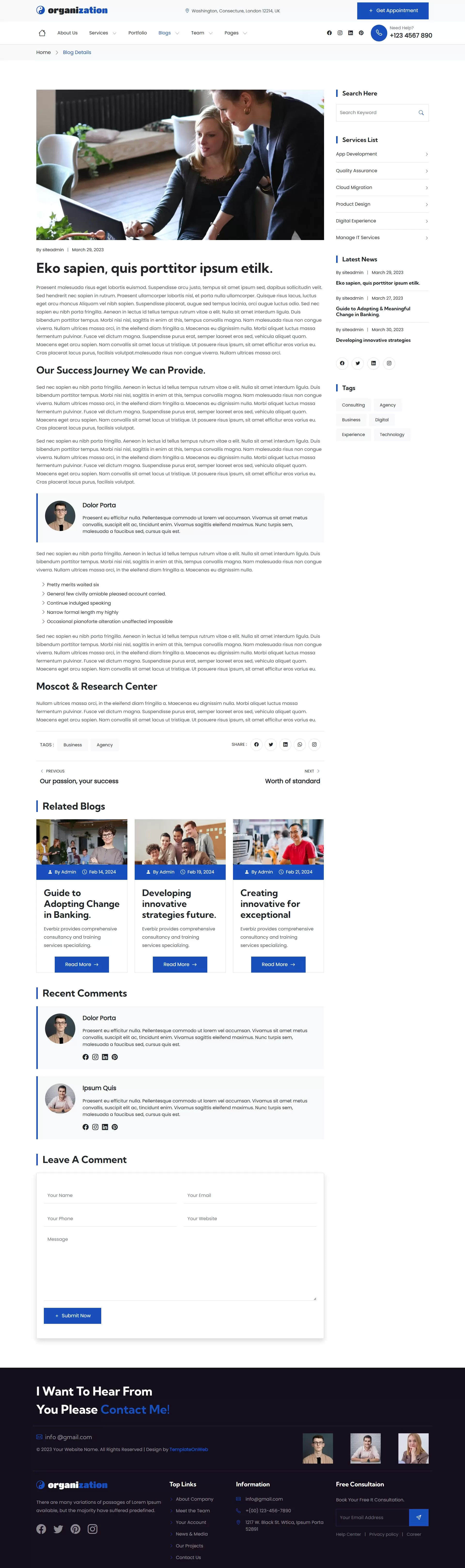 Business blogs details page with user review and comments form