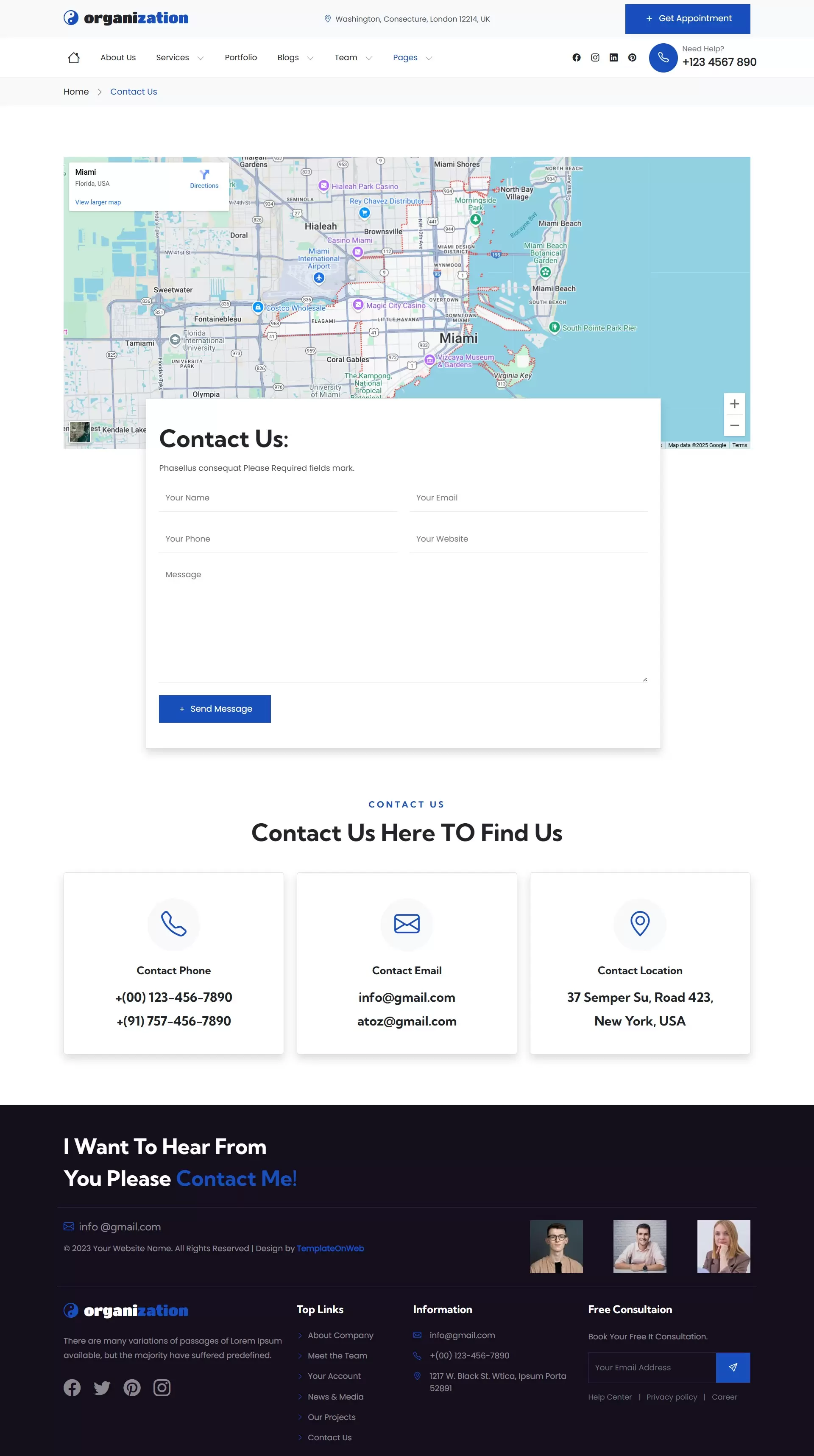 Organization contact details with location and inquiry form