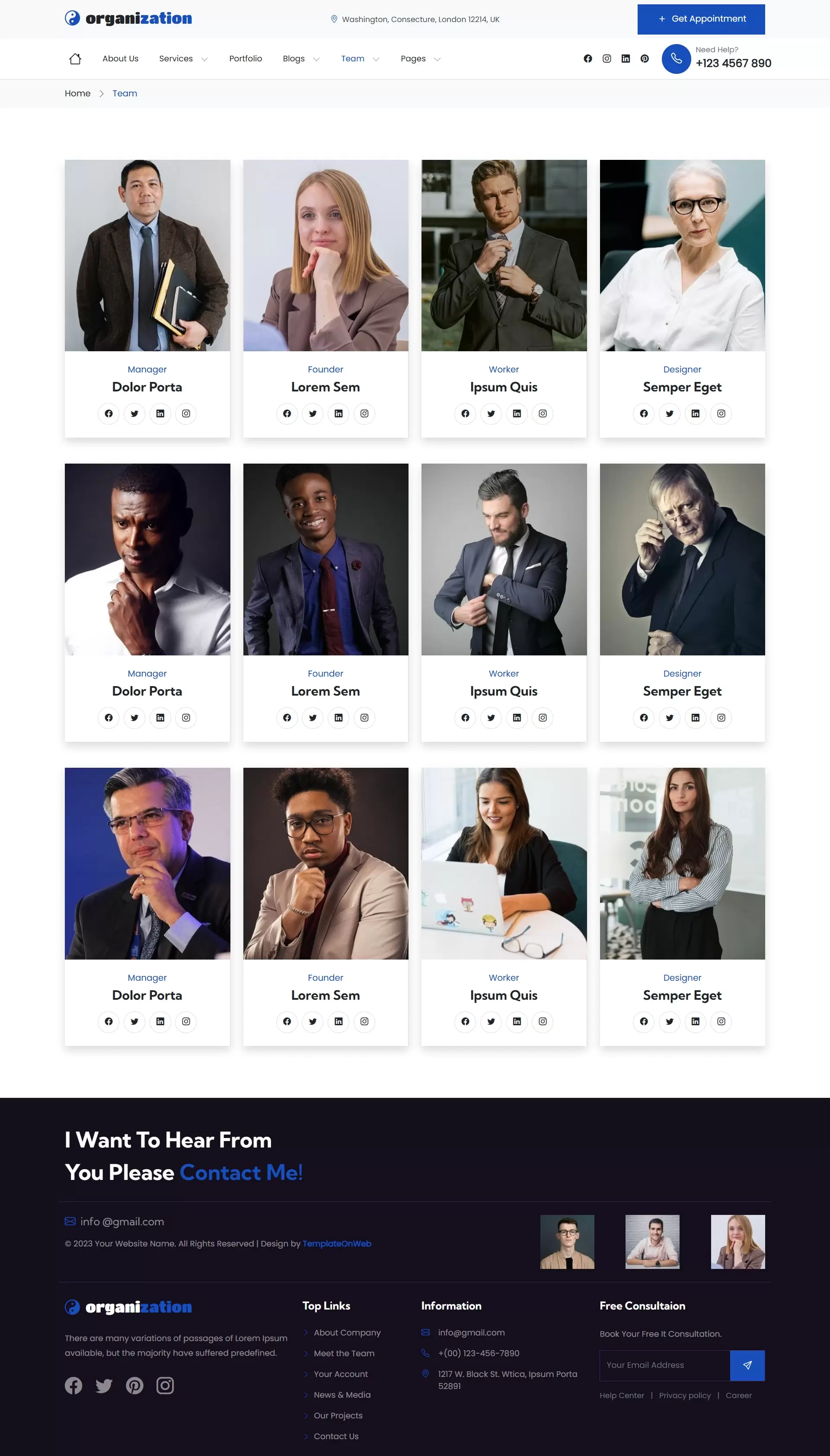 Company teams listing page with social connect options
