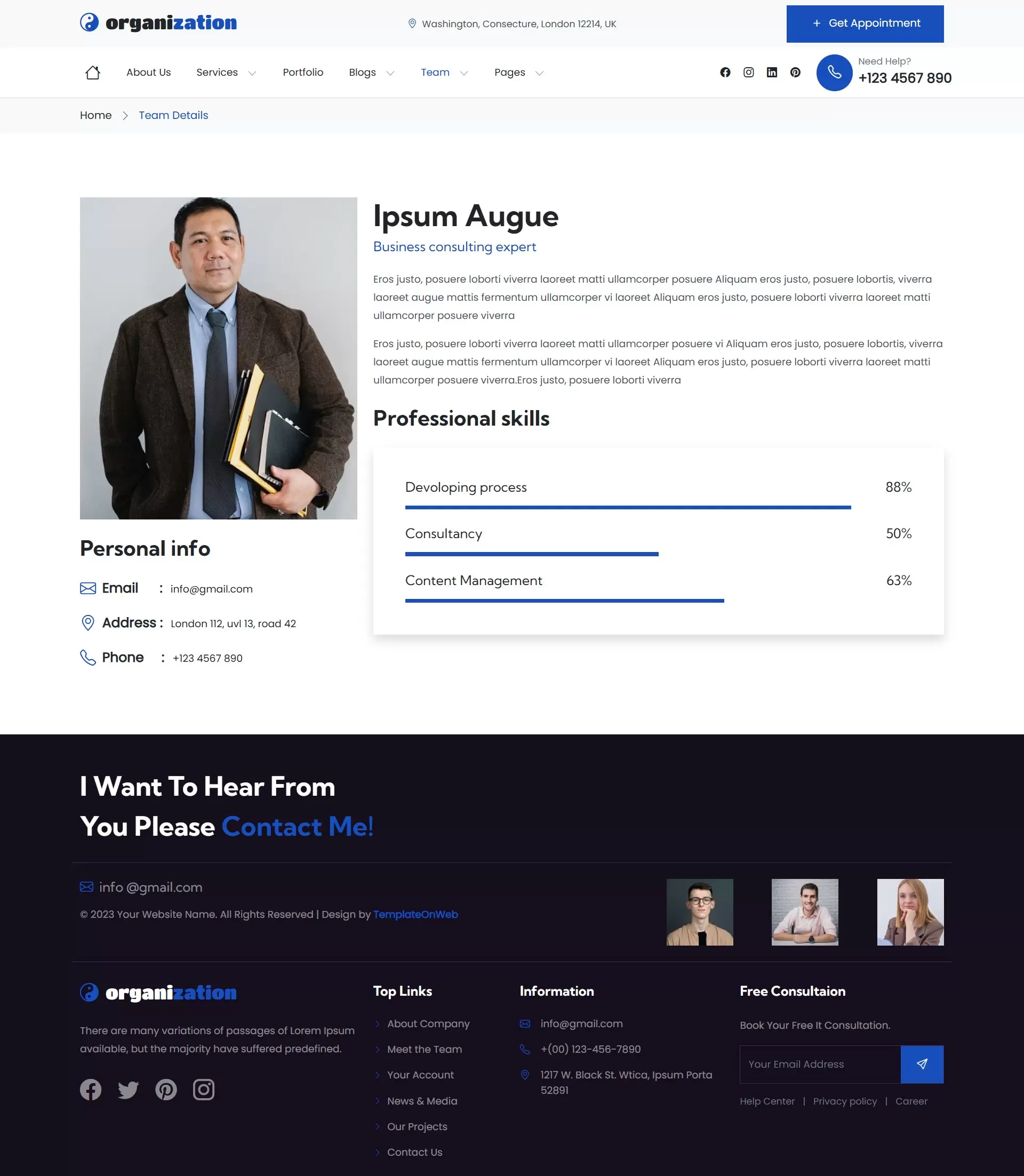 Organization top level team details with expertise and experience