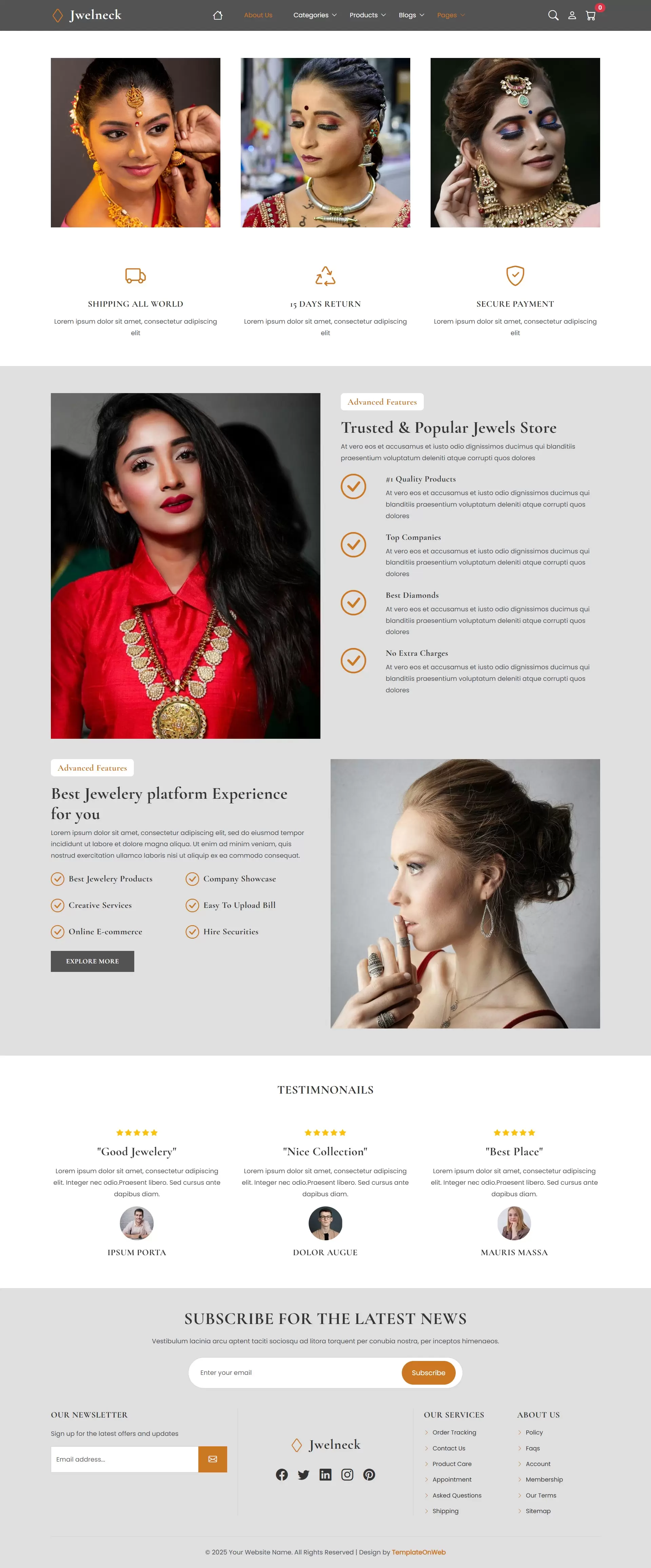 Responsive jewellery website about page showcasing company background and values