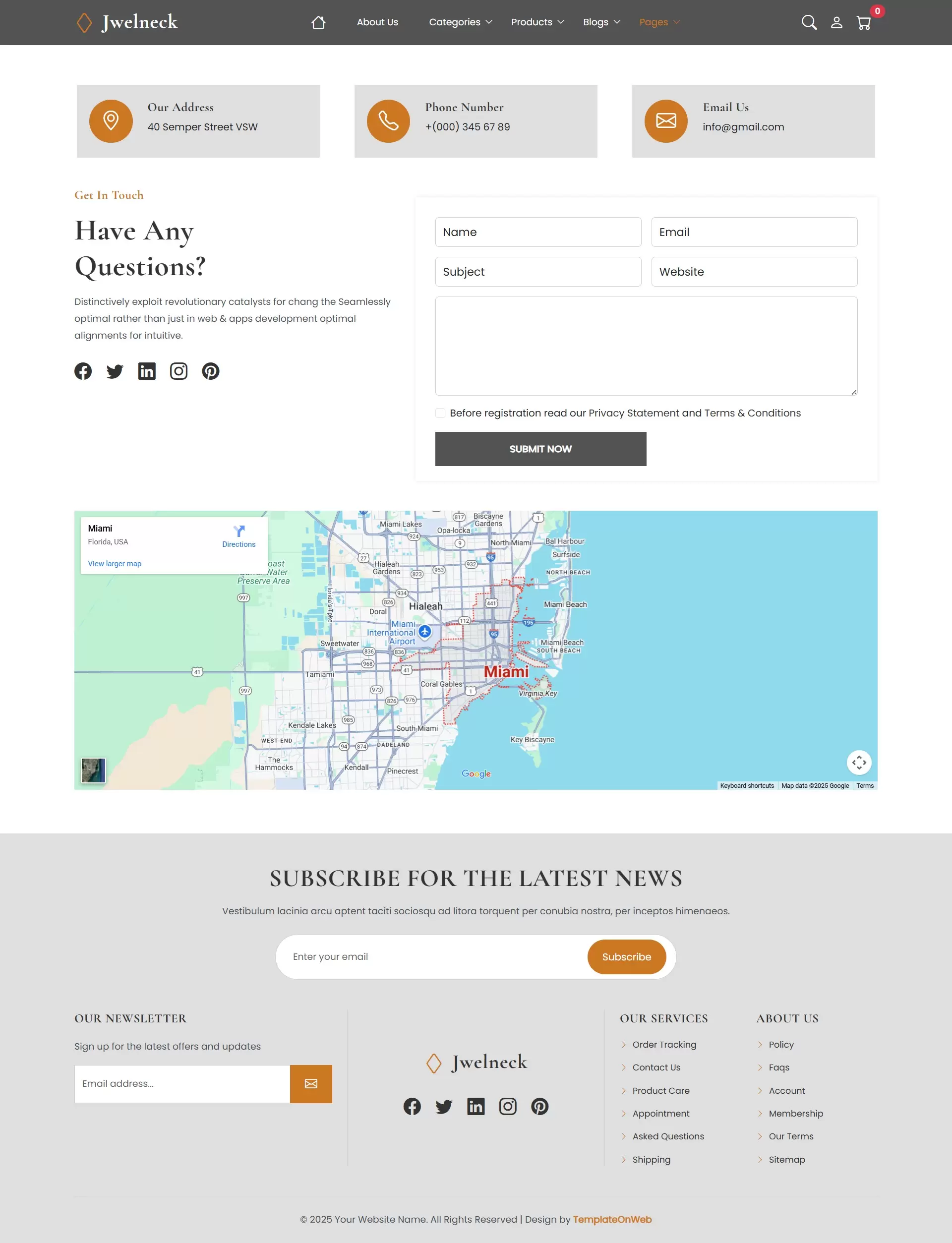 Get in touch page for jewellery business website featuring contact form and map
