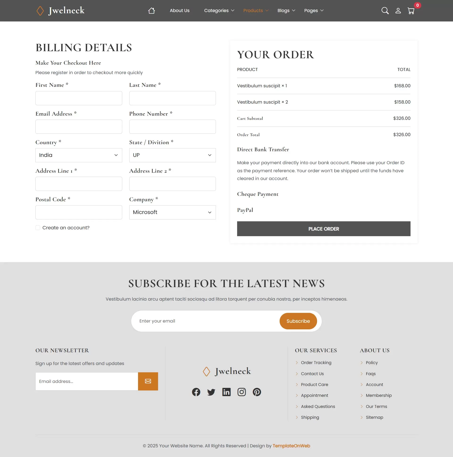 Responsive jewellery eCommerce checkout section for billing and shipping information