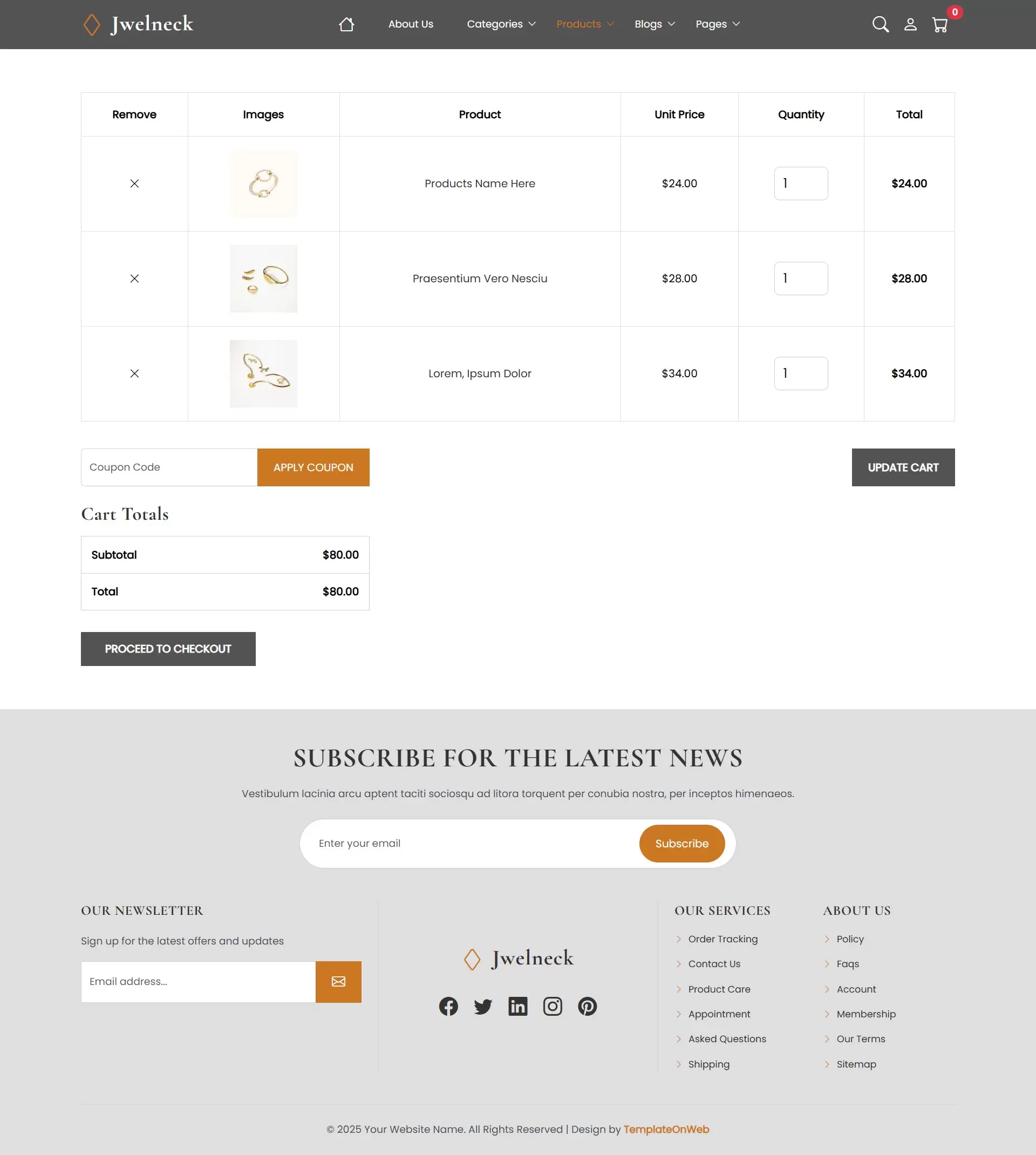 Online jewellery store shopping cart preview with update and checkout buttons