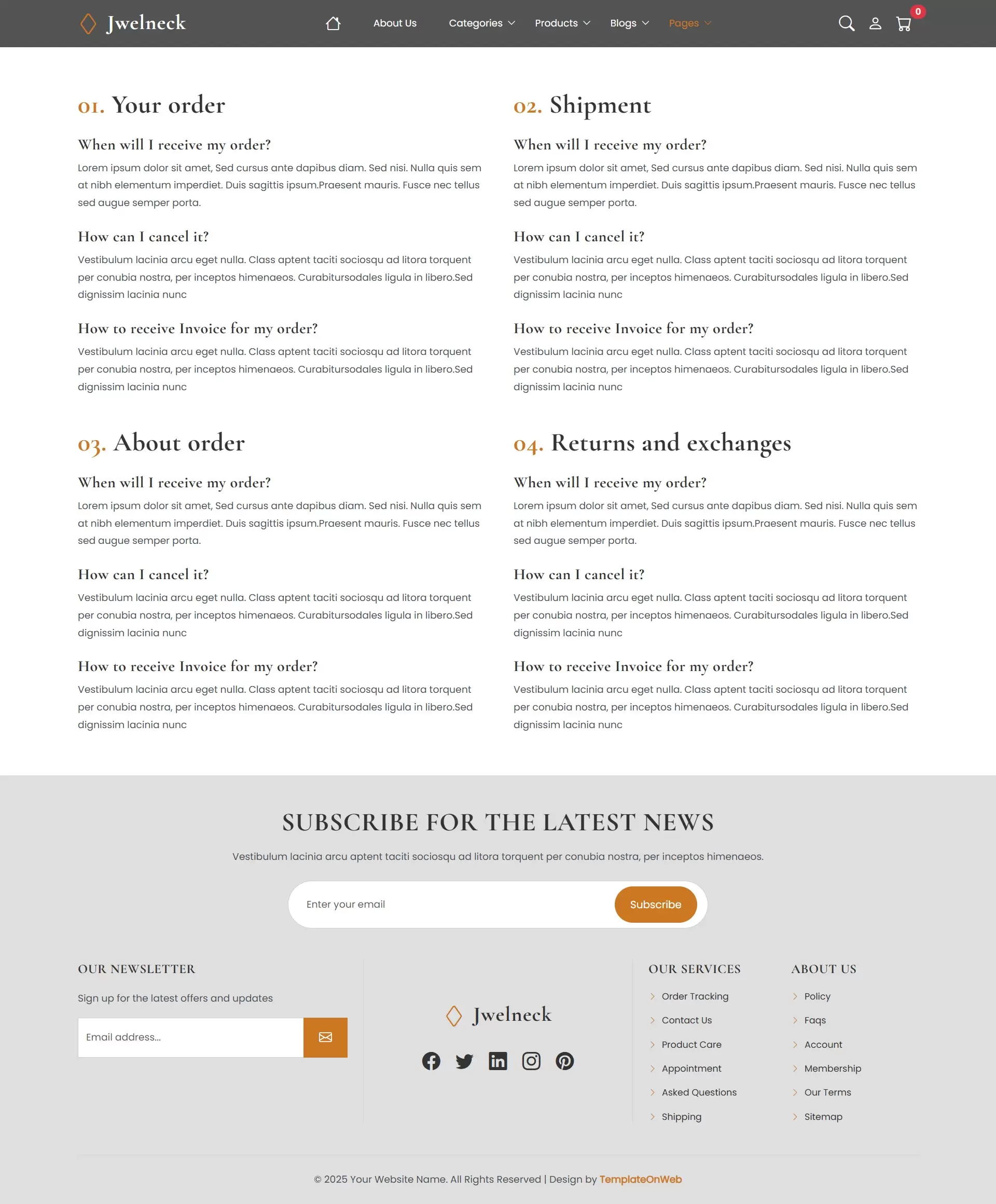 Online jewellery website frequently asked questions page with support details