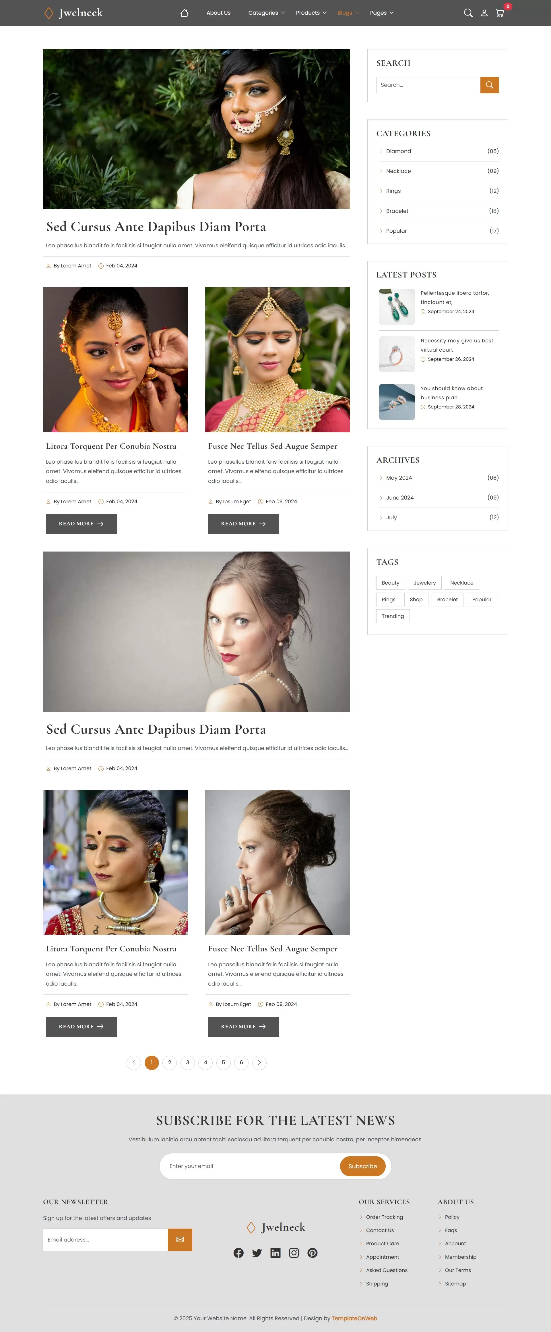 Jewellery website template blogs page with latest news and styling tips