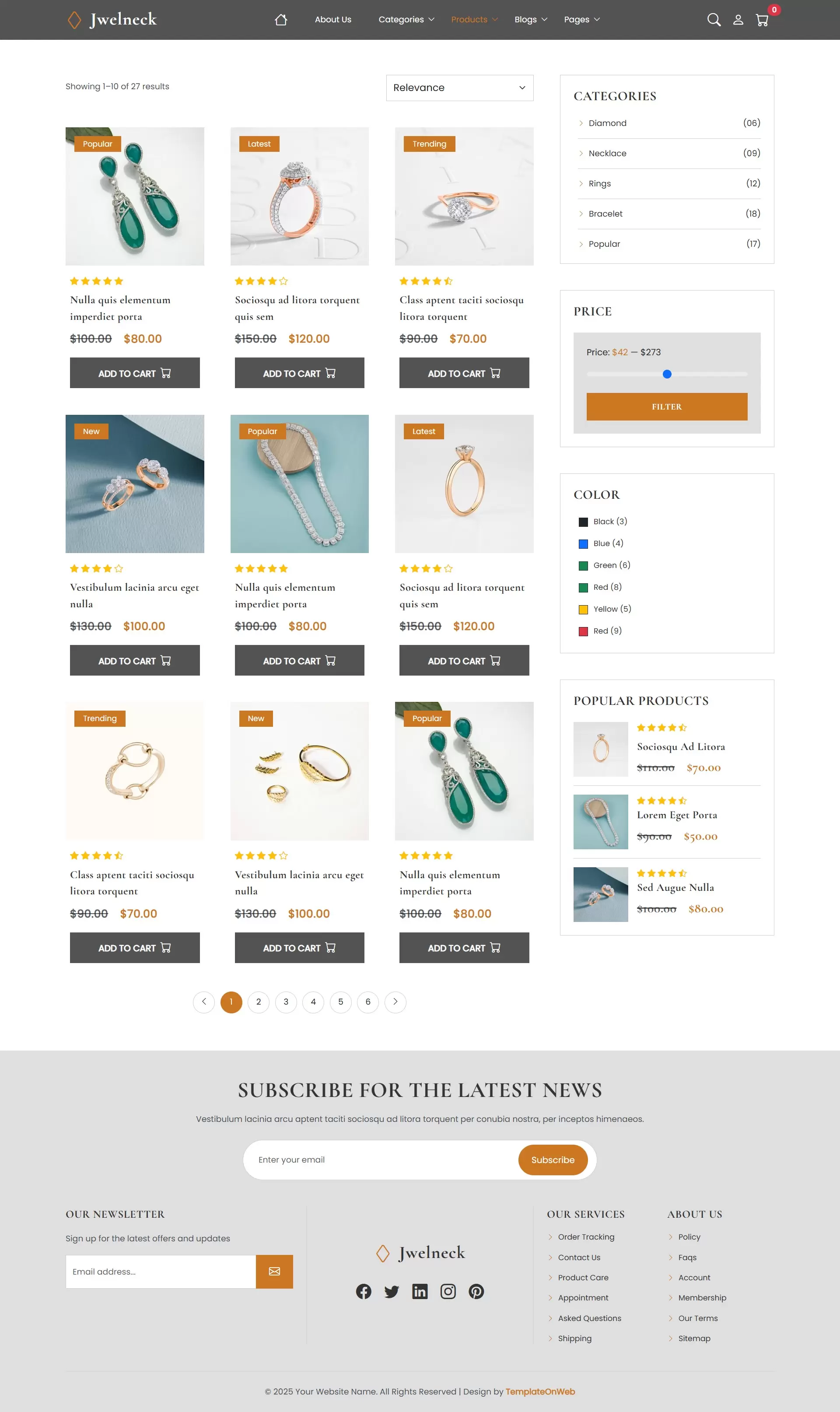 Online jewellery business template product listing page with filters for design and price