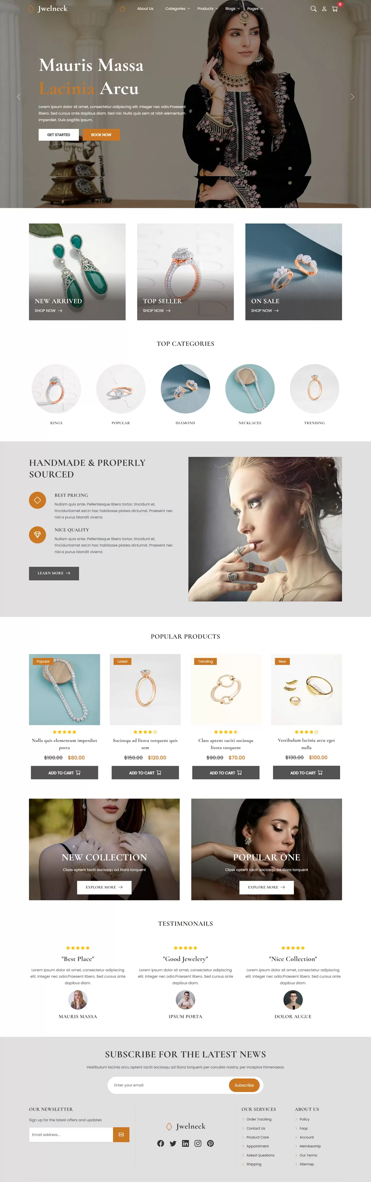 Jewellery business website template home page with luxury banner and featured collections
