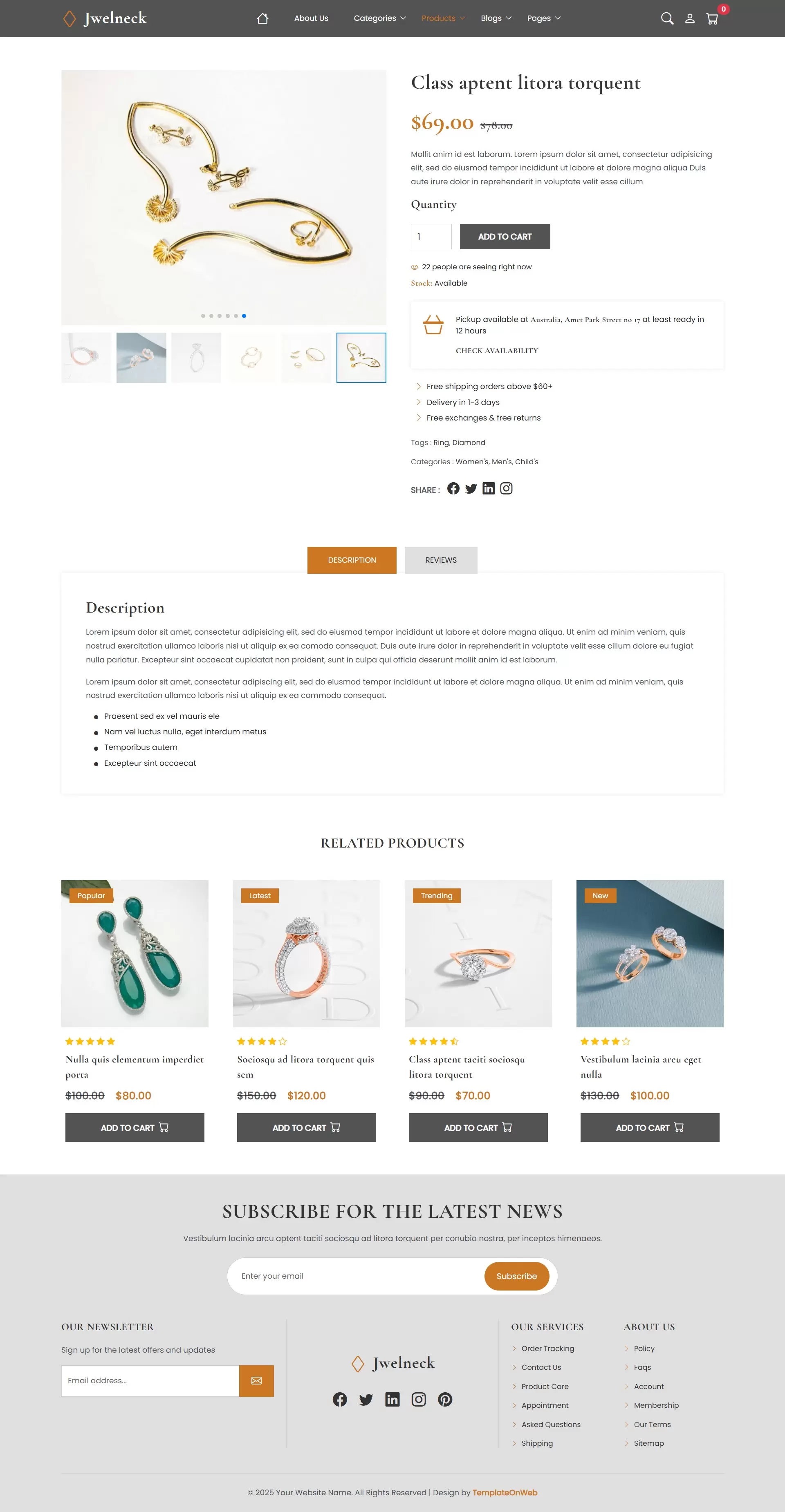 Jewellery business website template product details page with zoomed images and item description