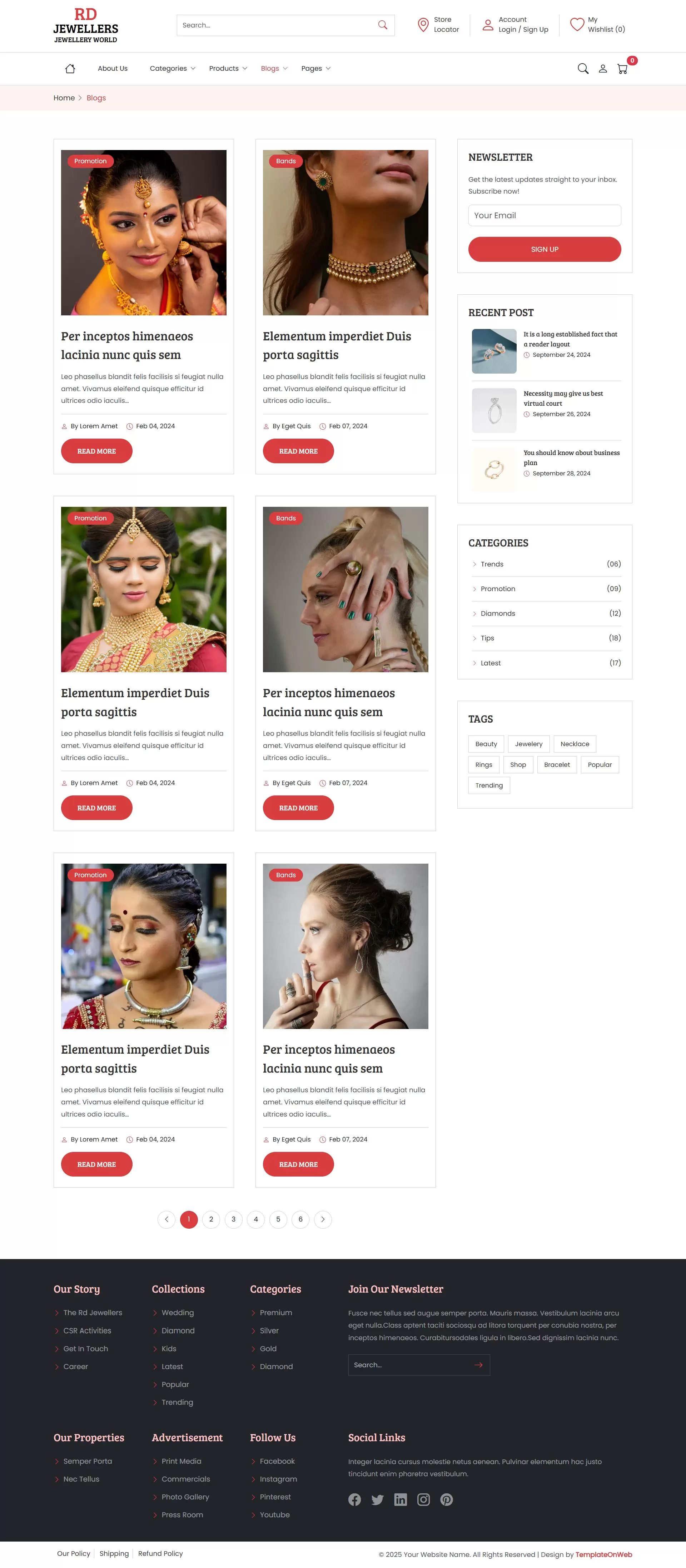 Responsive jewelry eCommerce blog list page with posts on trends and styling