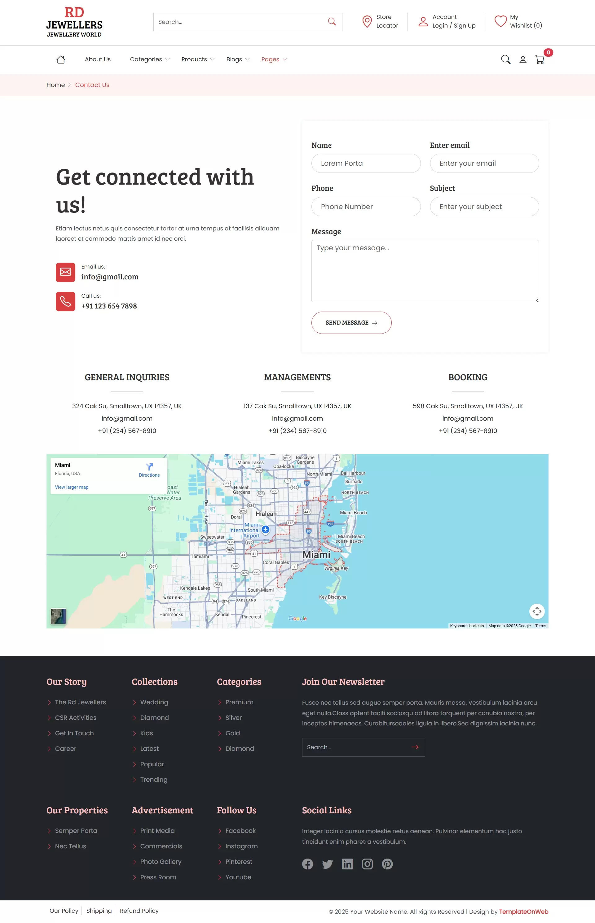 Get in touch page for jewelry store website featuring customer support form