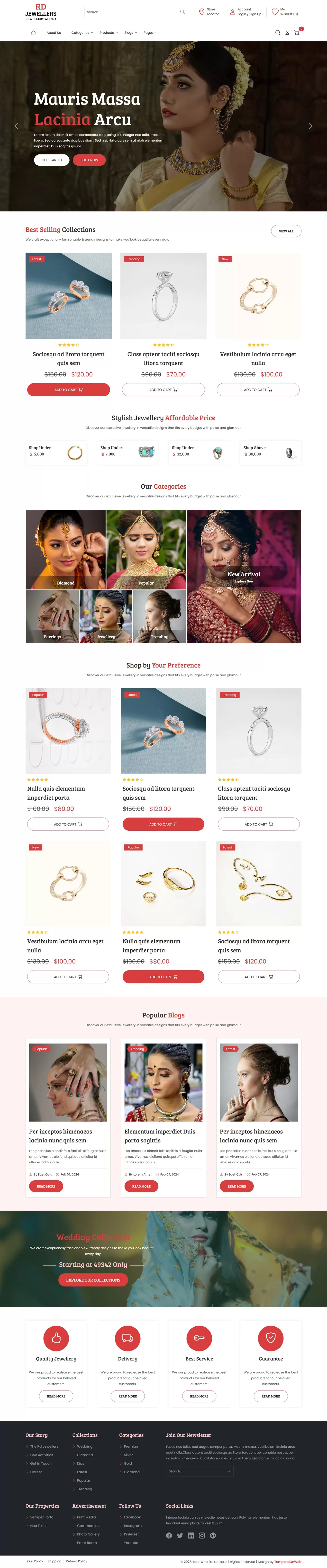 Jewelry eCommerce website template home page with luxury banner and featured product collections