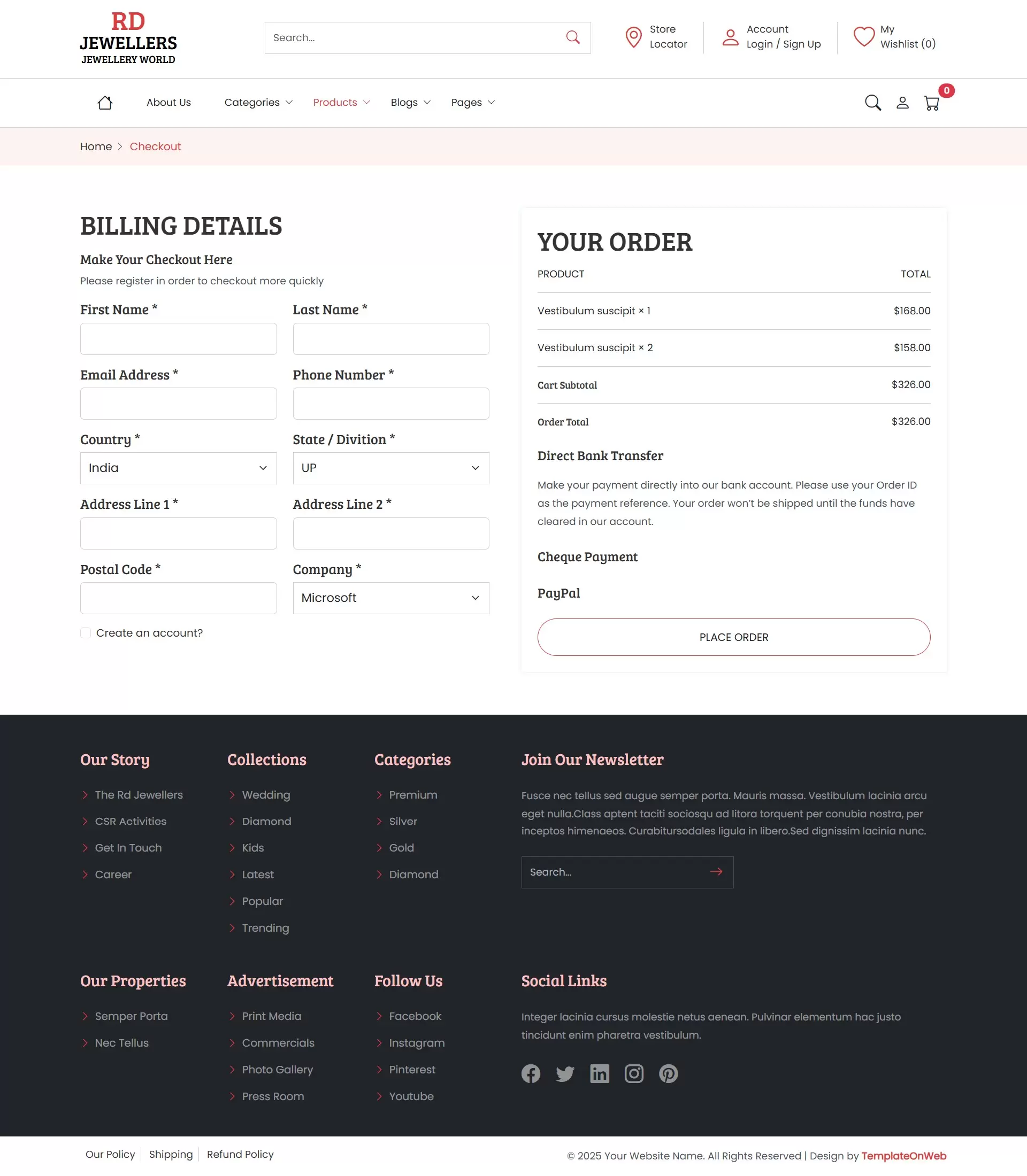 Jewelry eCommerce template checkout page with billing, shipping, and payment form