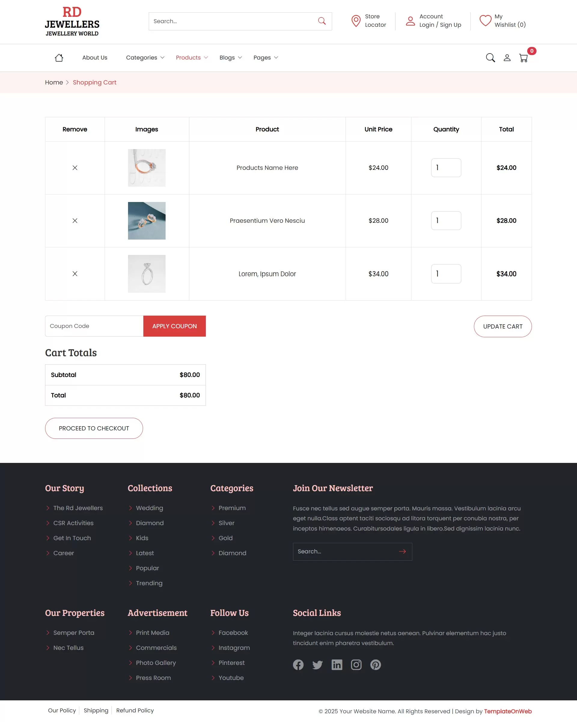 Jewelry website shopping cart preview showing selected products and total price summary