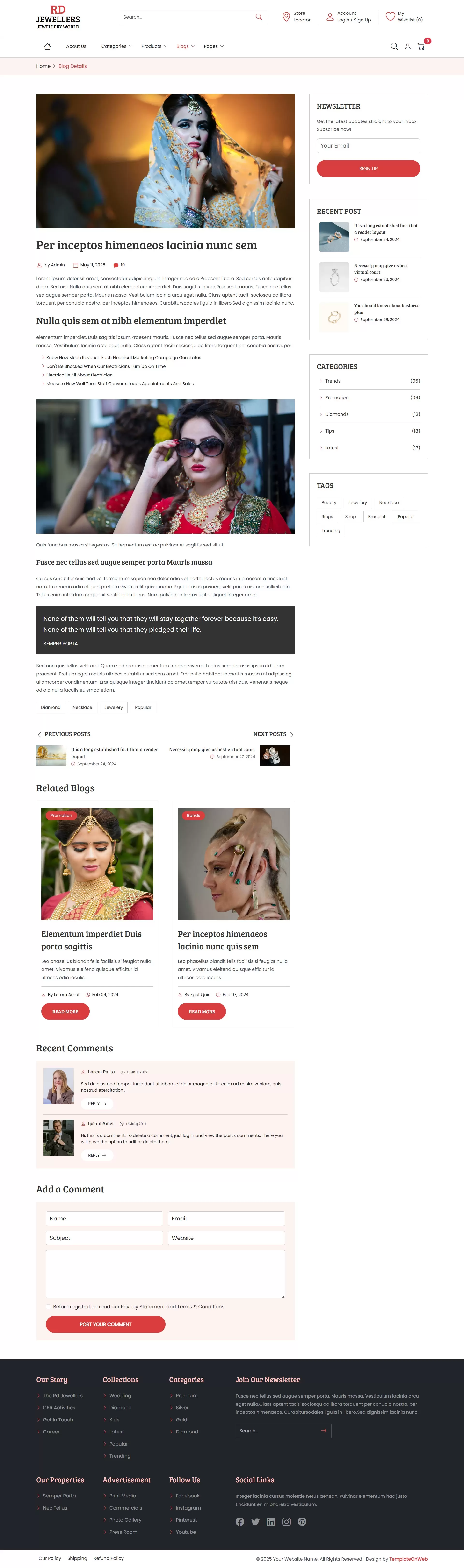 Detailed blog post page in jewelry website template showing jewelry care and design tips