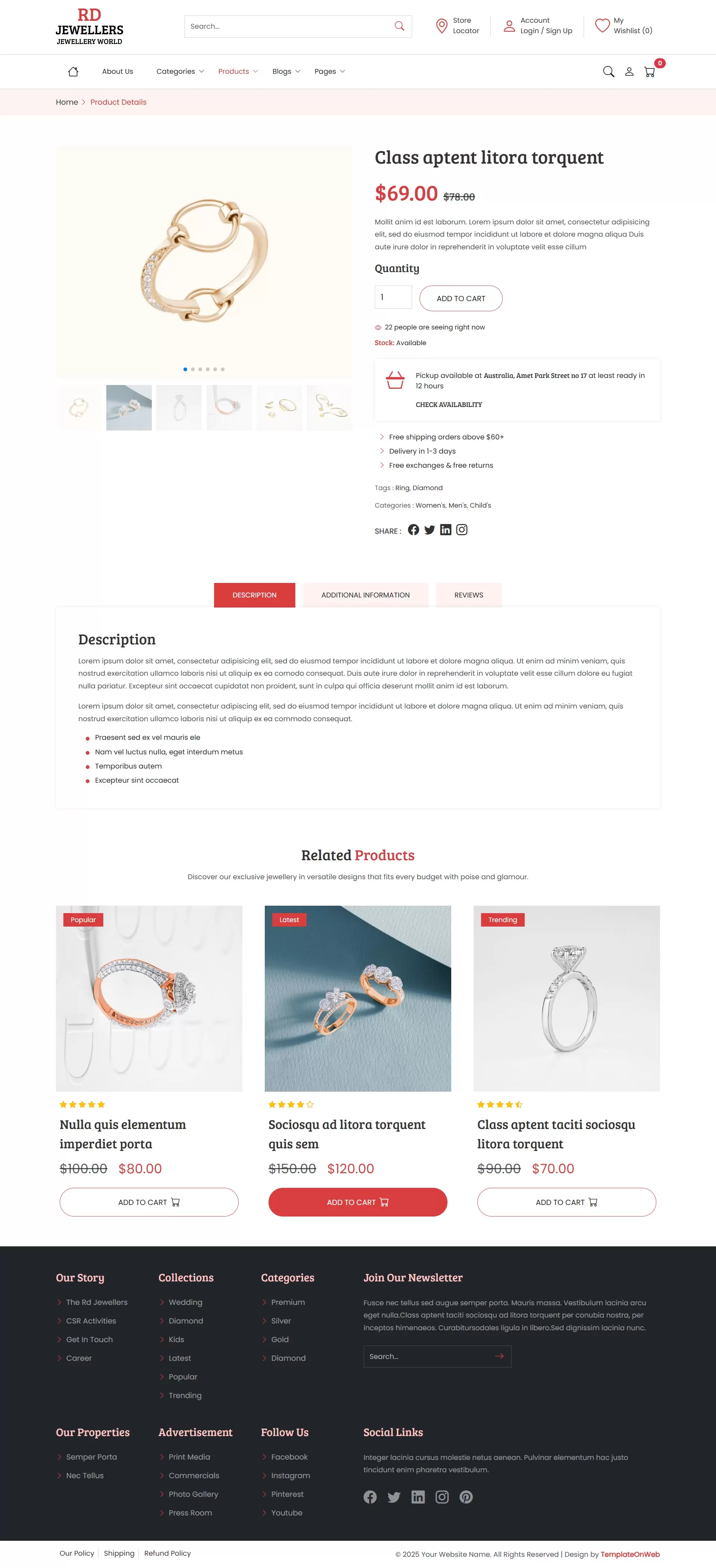 Jewelry product details page with zoom gallery, pricing, and add-to-cart button