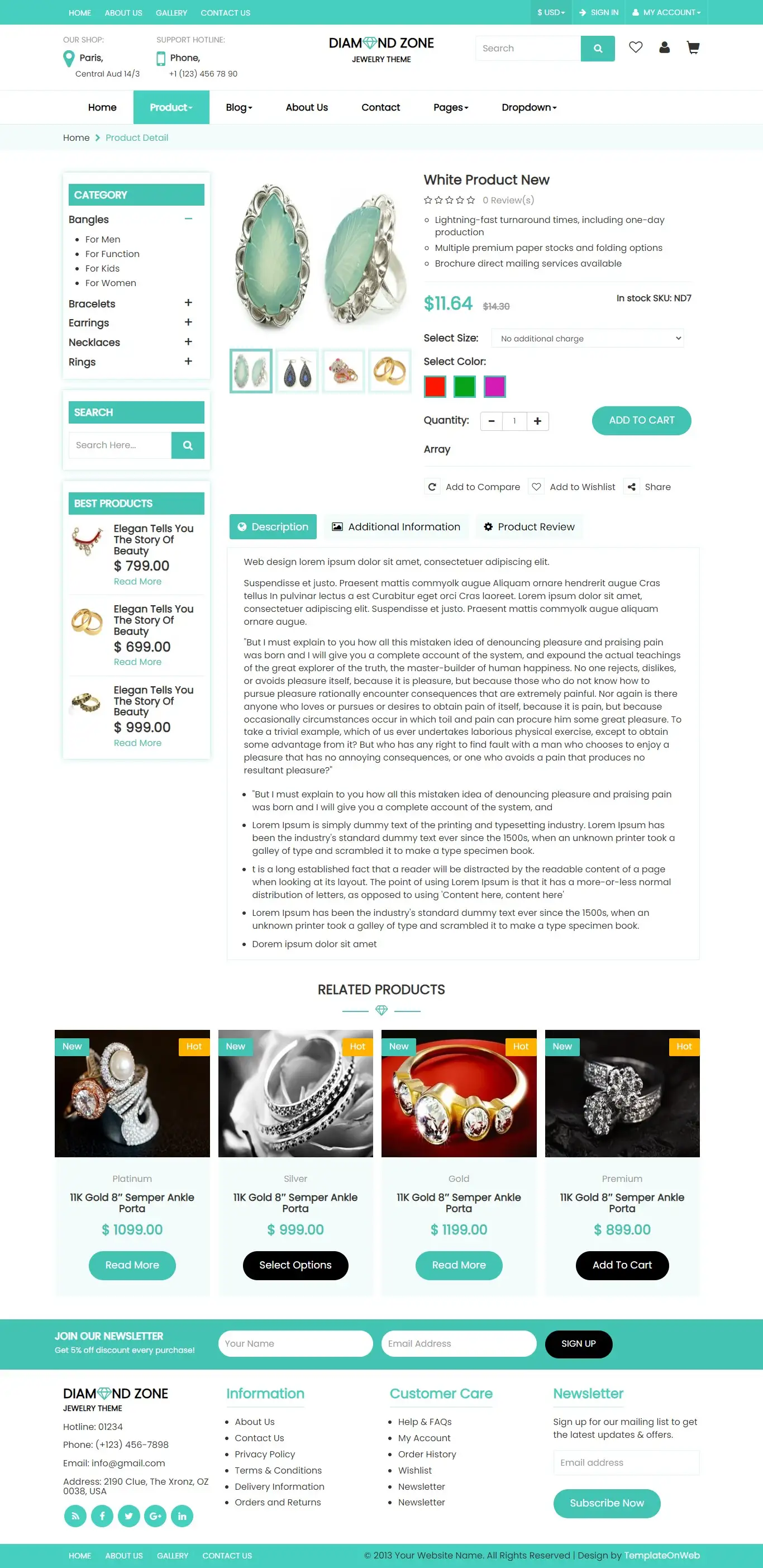 Online jewelry shop product details