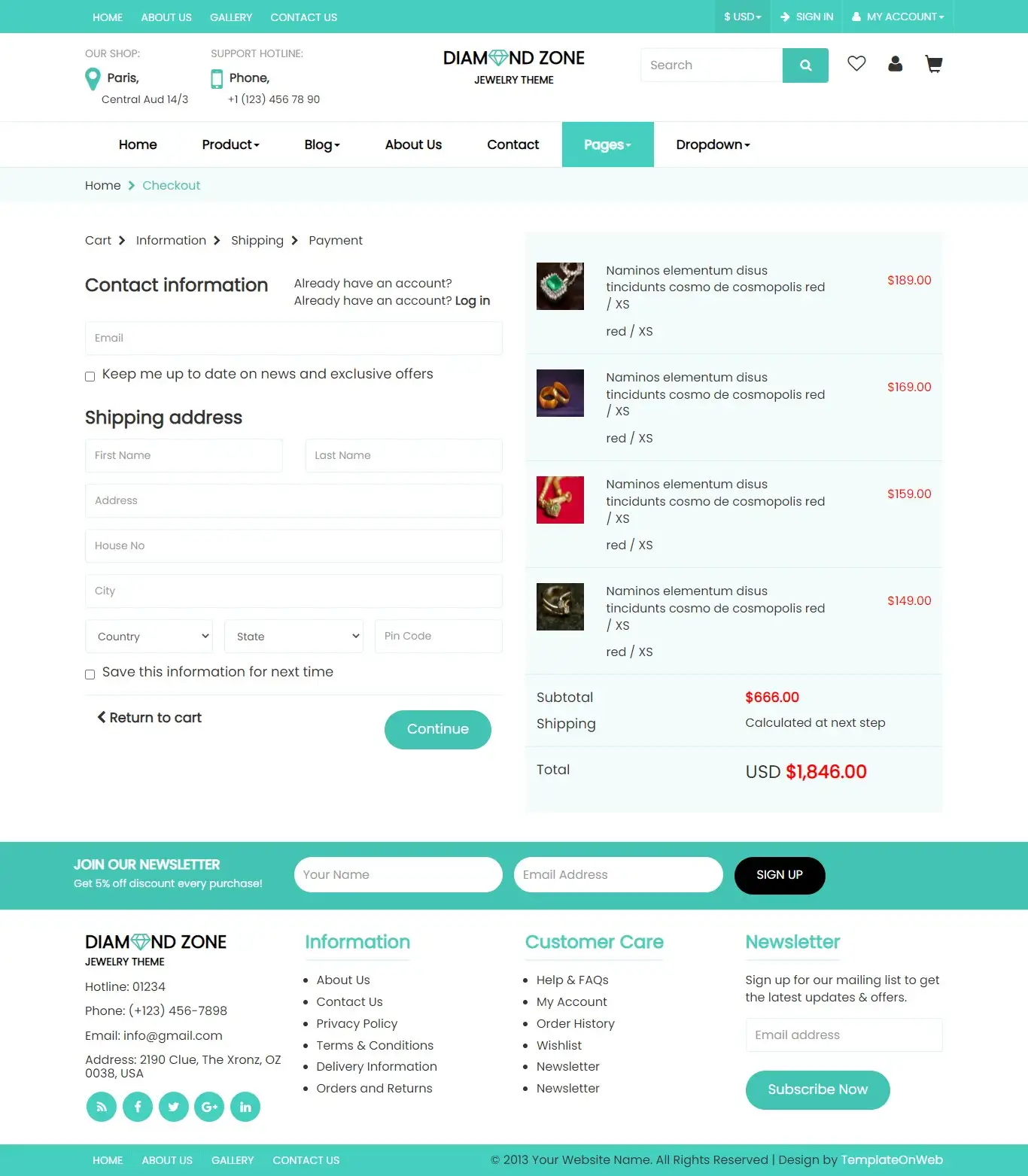 Online jewelry shopping checkout web template