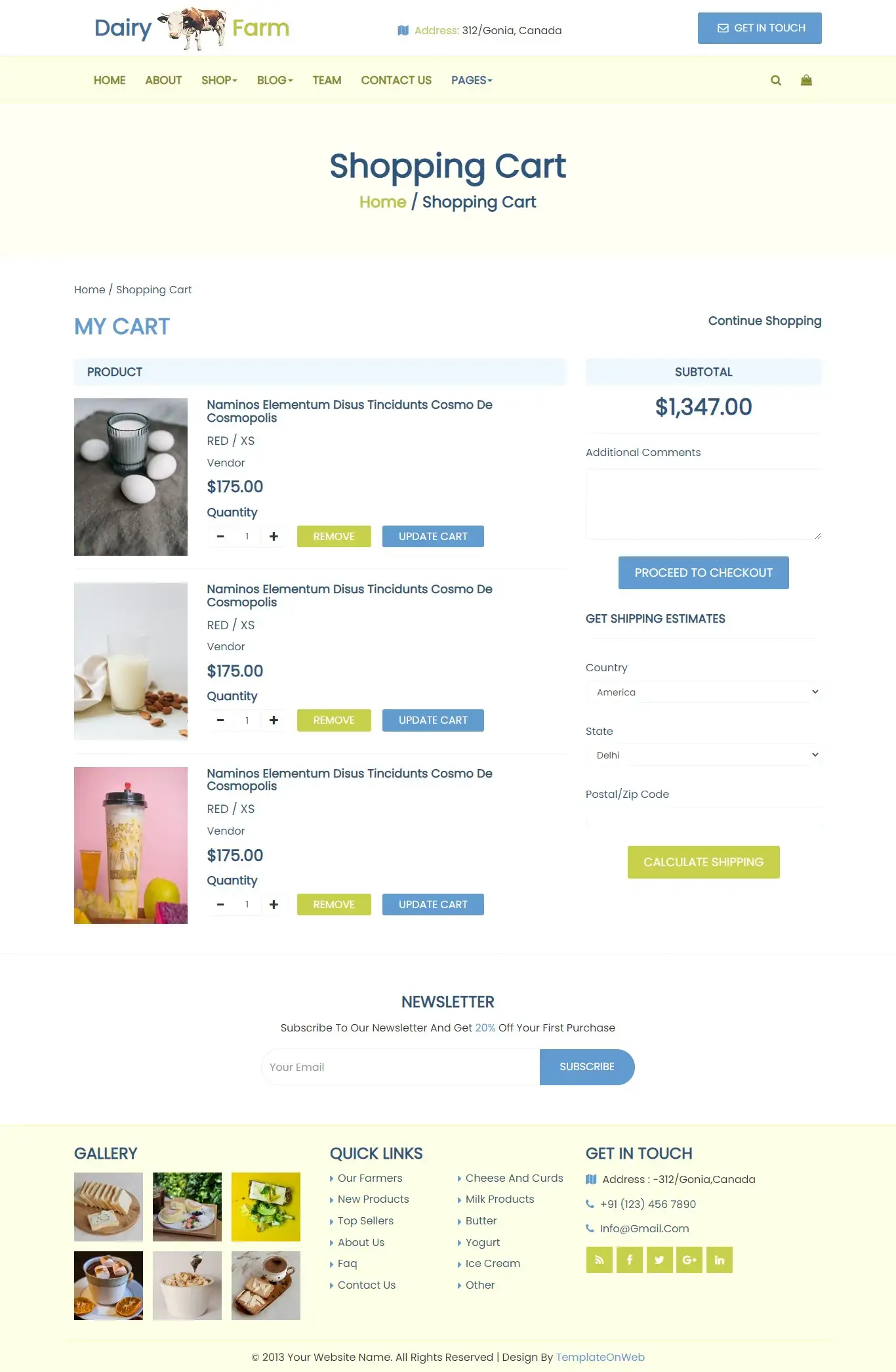 Online dairy milk products shopping cart