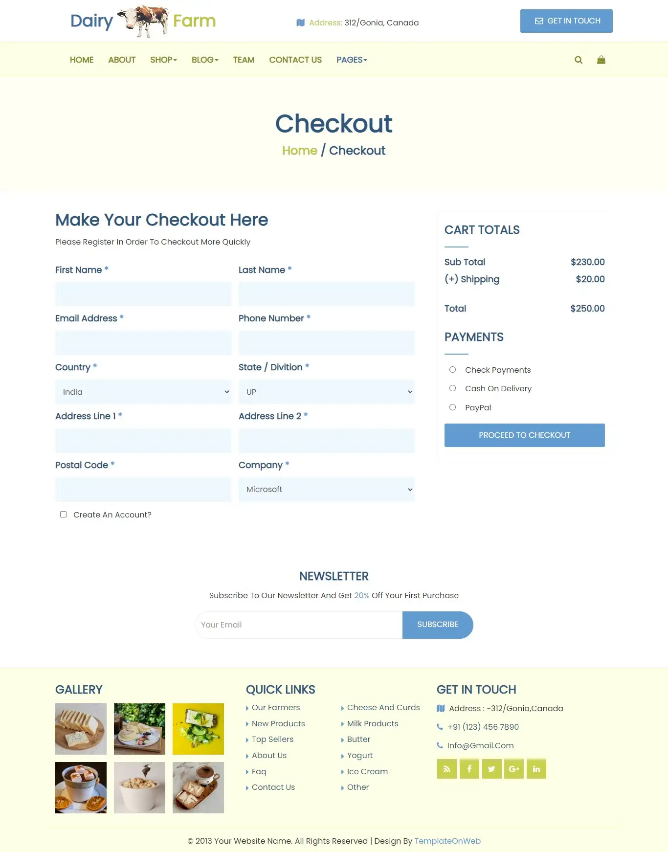 Dairy milk products selling checkout page
