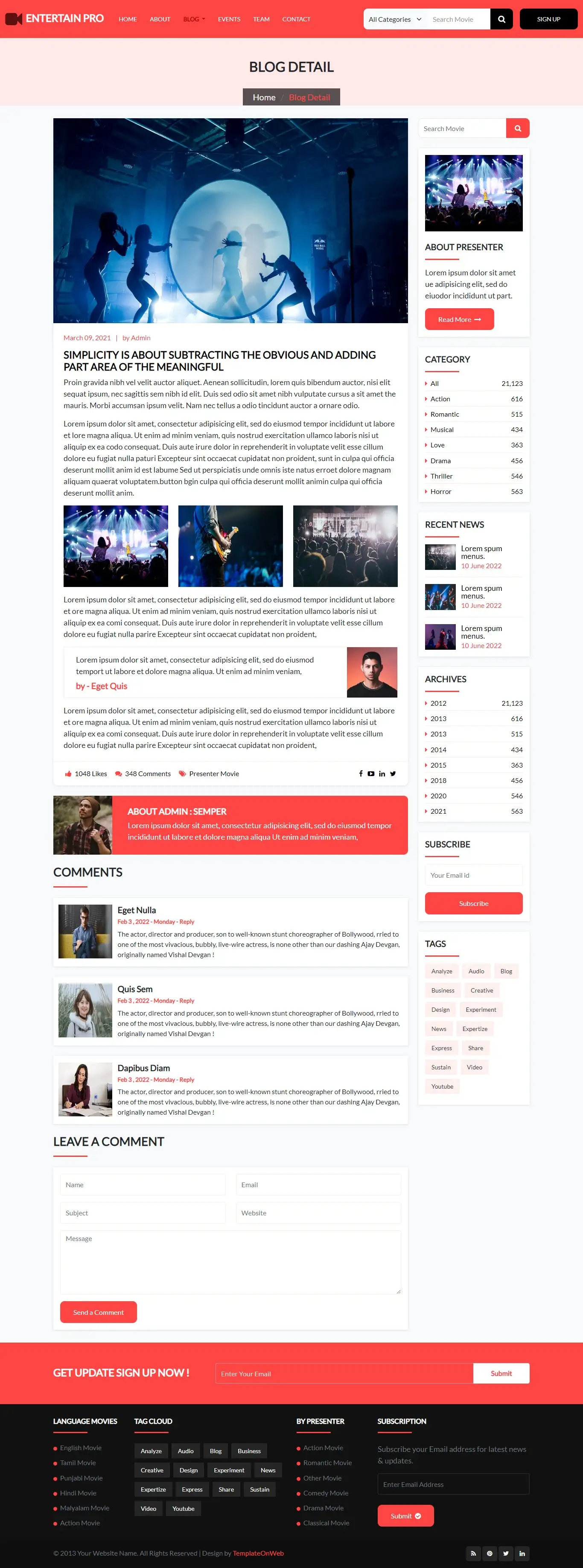 Cinema blog details page web design