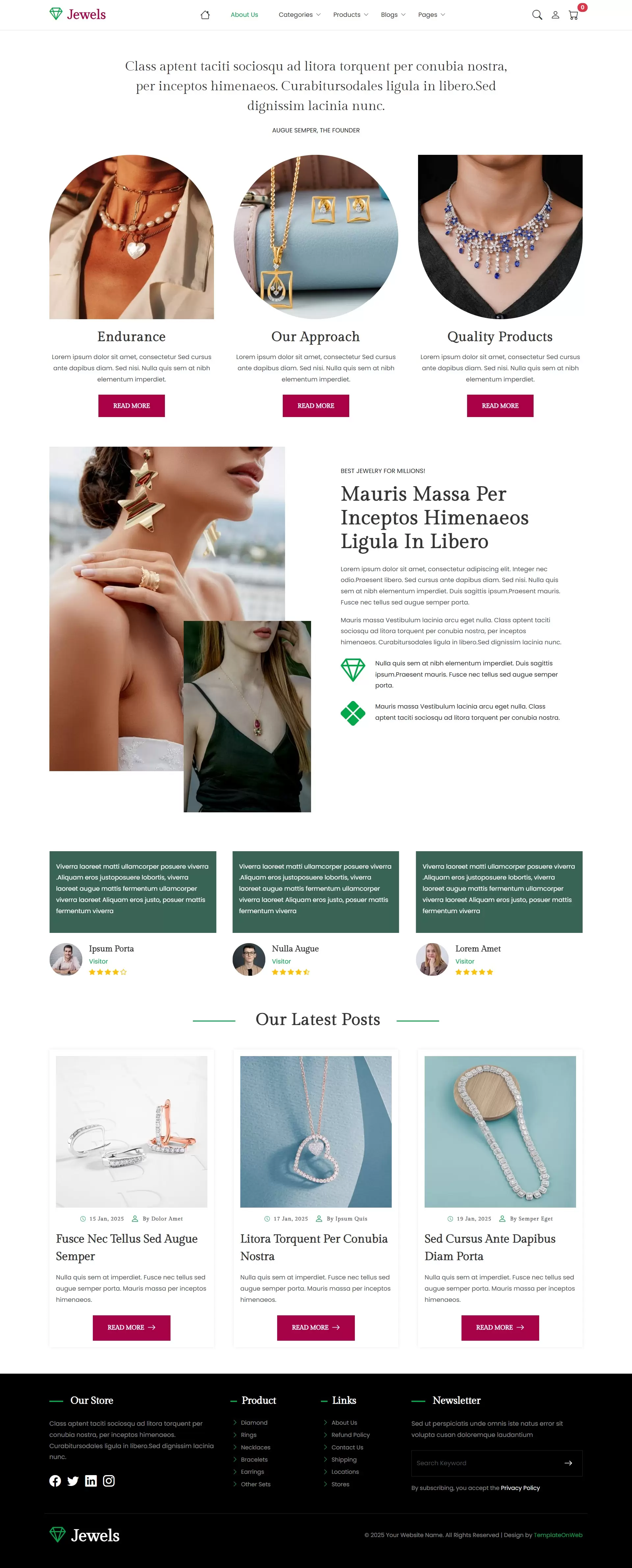 Responsive jewelry eCommerce about page showcasing company history and vision