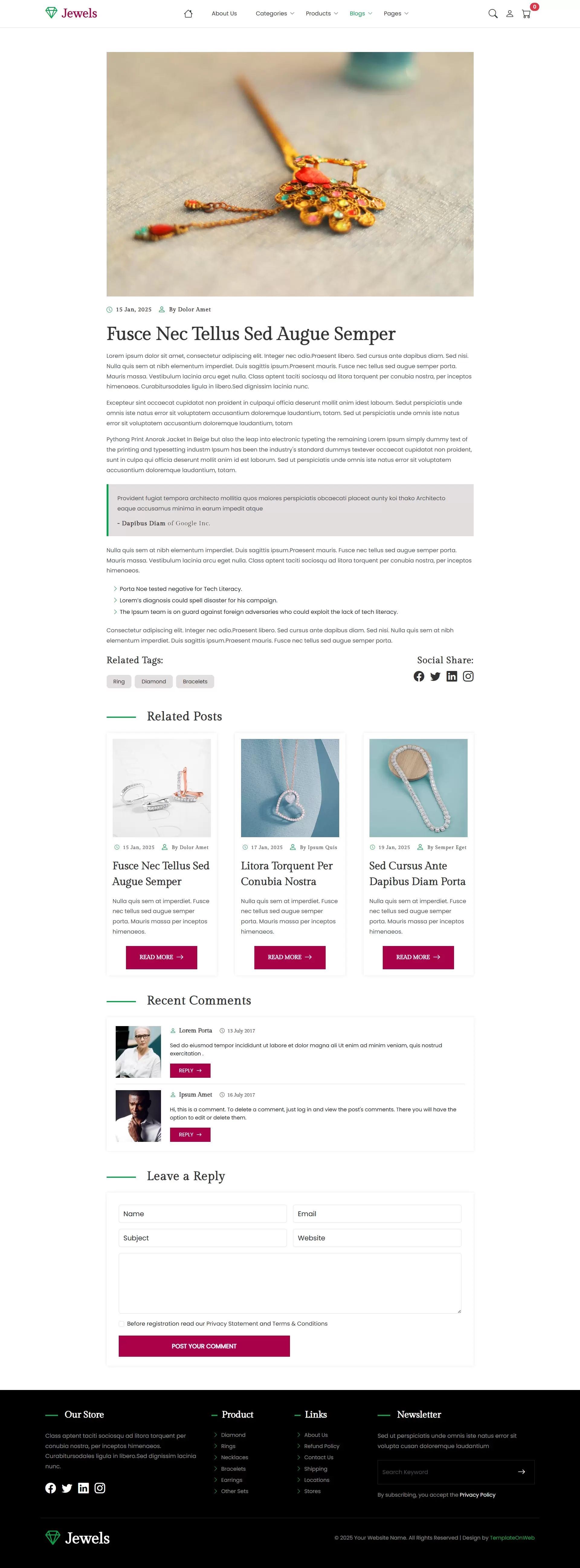 Responsive jewelry eCommerce blog post page showcasing design inspiration and buying tips