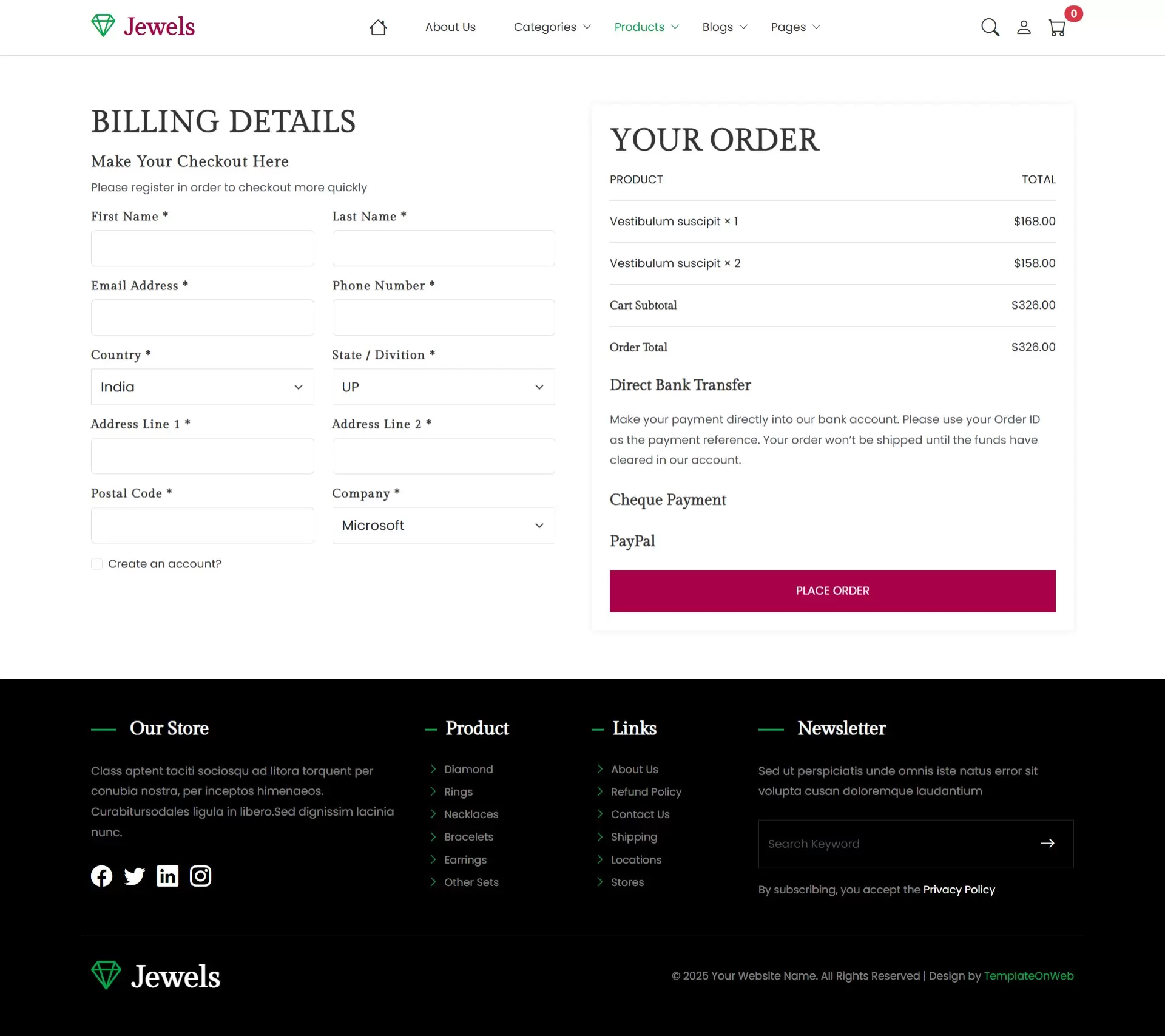 Jewelry eCommerce website template checkout page with billing and payment details