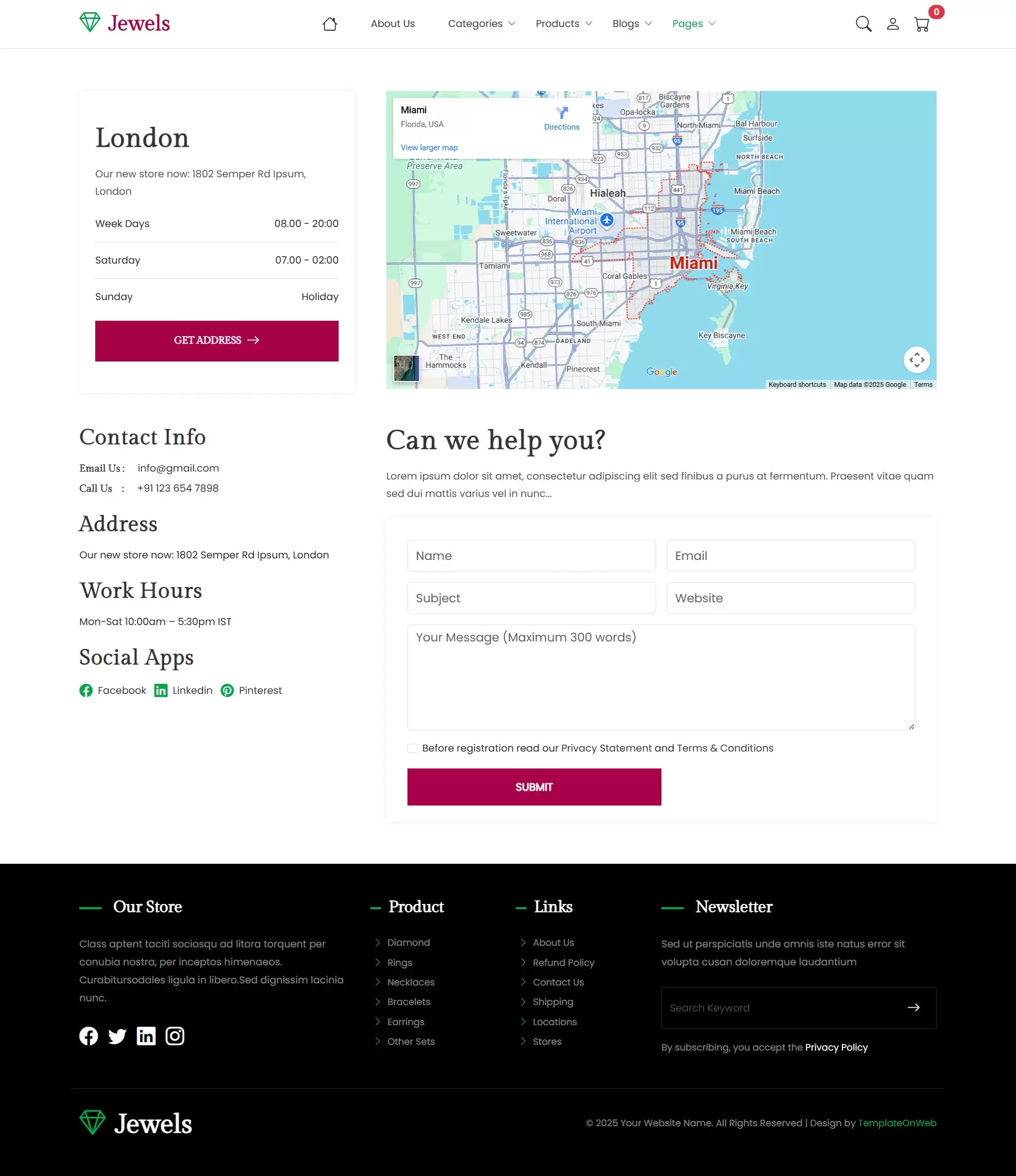 Jewelry selling website contact page with inquiry form and store details