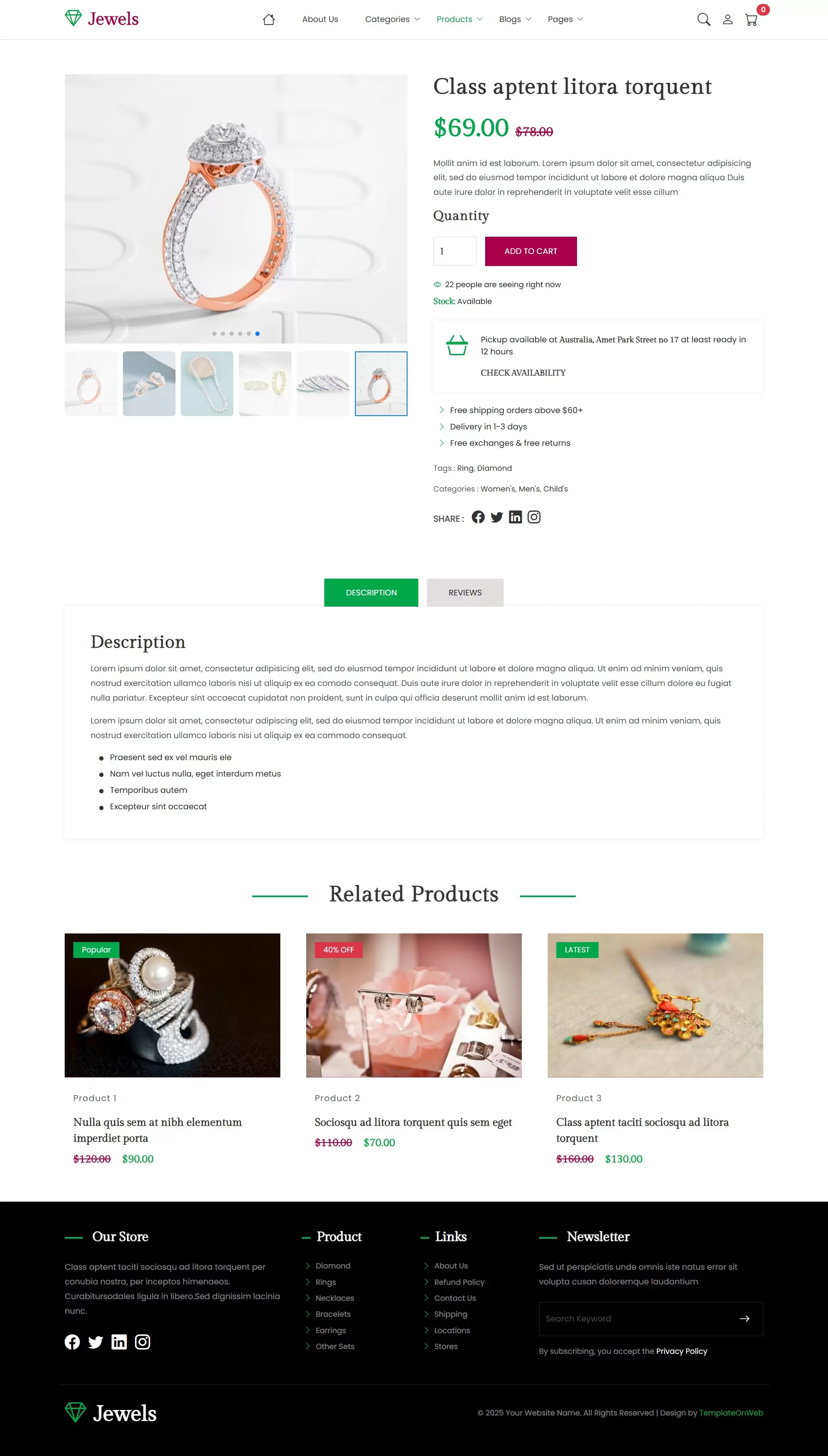 Jewelry selling website template product details page showing item description and add to cart button