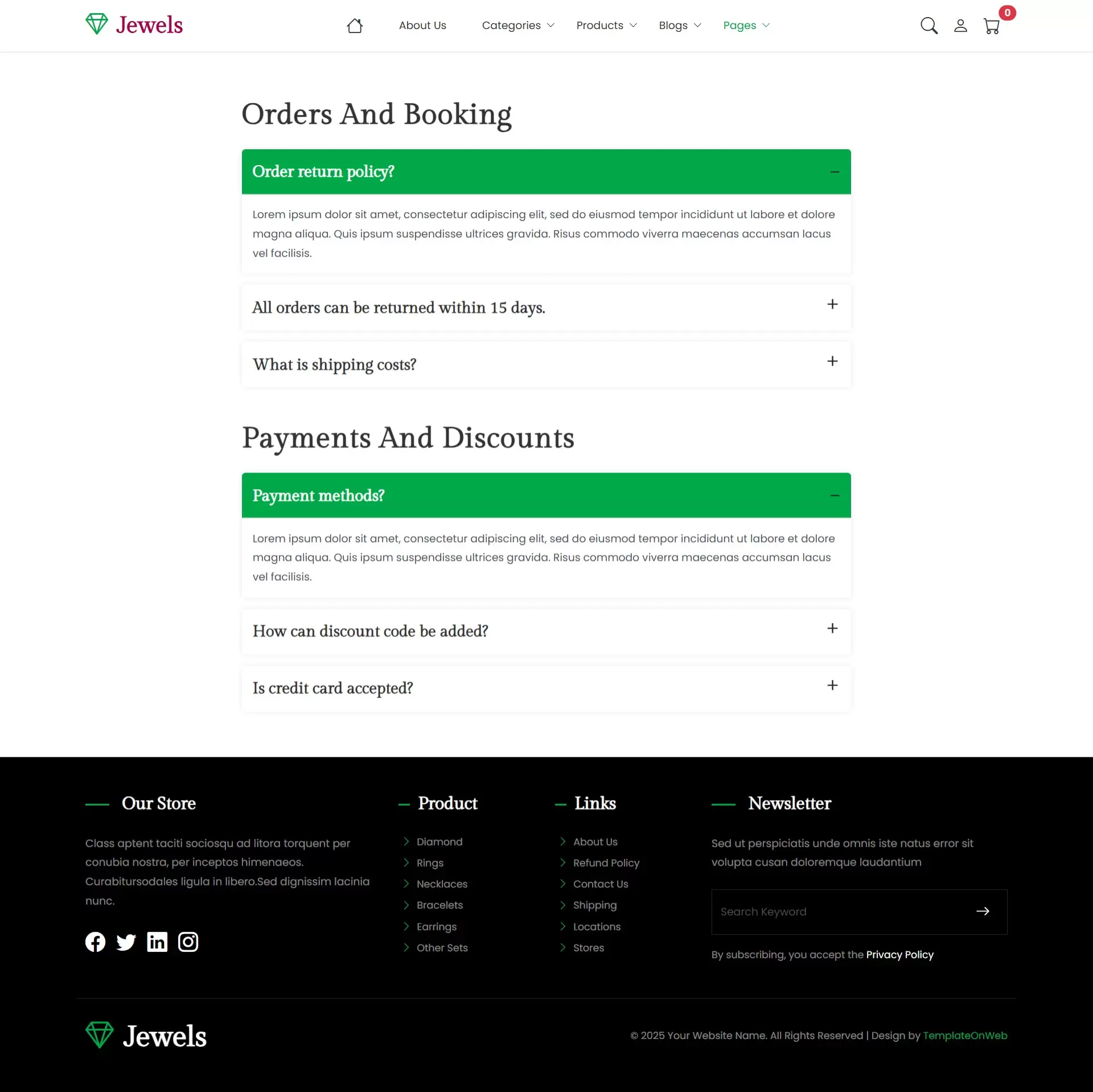 Jewelry selling website template FAQs page with common customer questions and answers