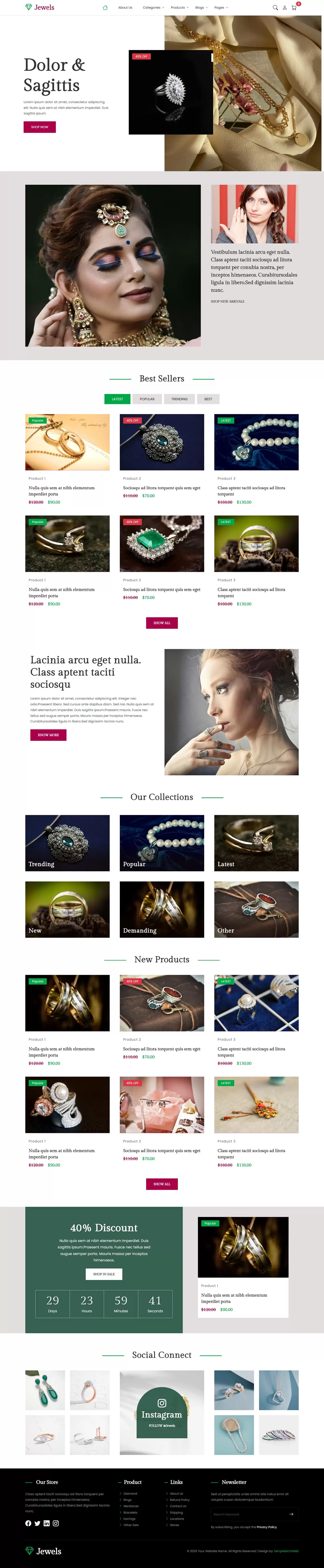 Jewelry selling website template home page with elegant banner and featured products